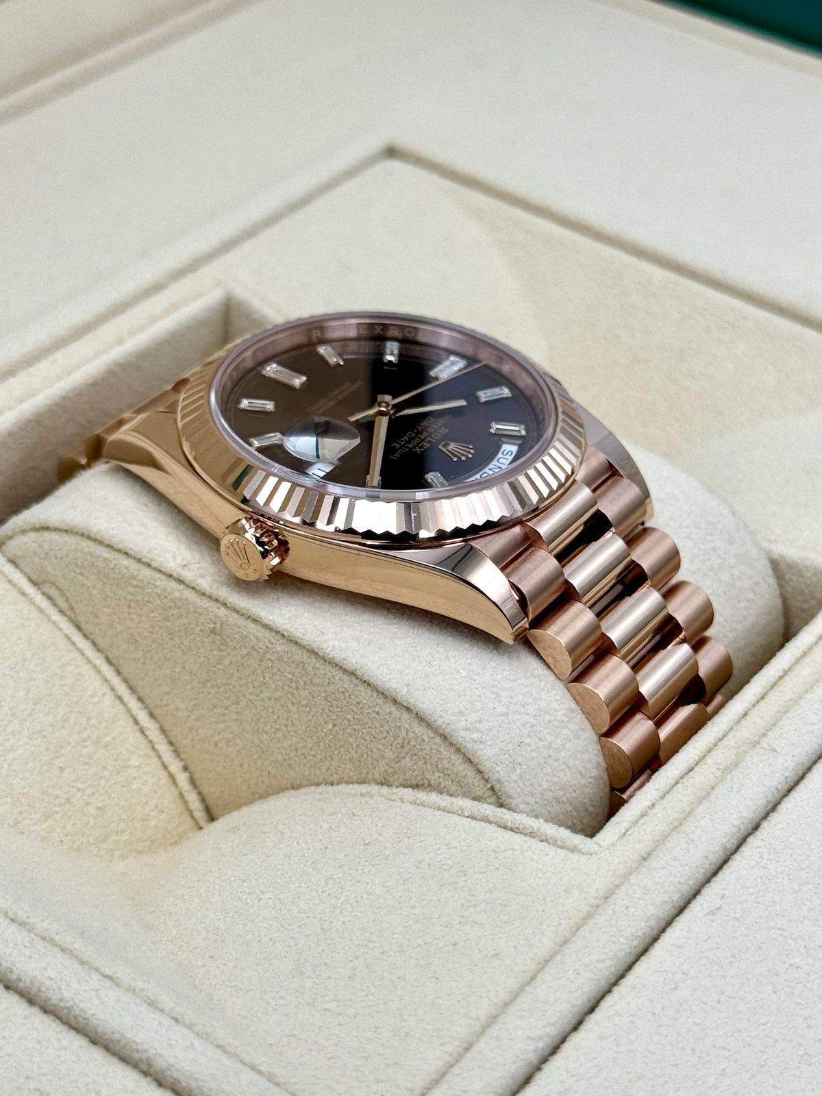 NEW 2025 Rolex Day-Date 40mm 228235 Rose Gold Chocolate Baguette Dial