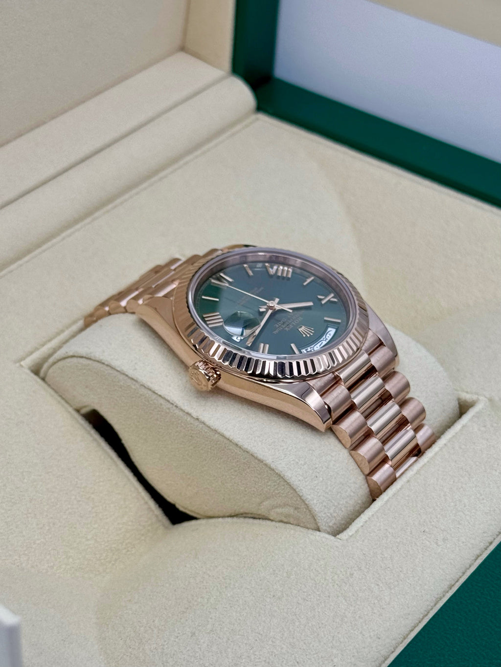 2022 Rolex Day-Date 40mm 228235 Rose Gold Olive Dial Arabic Calendar