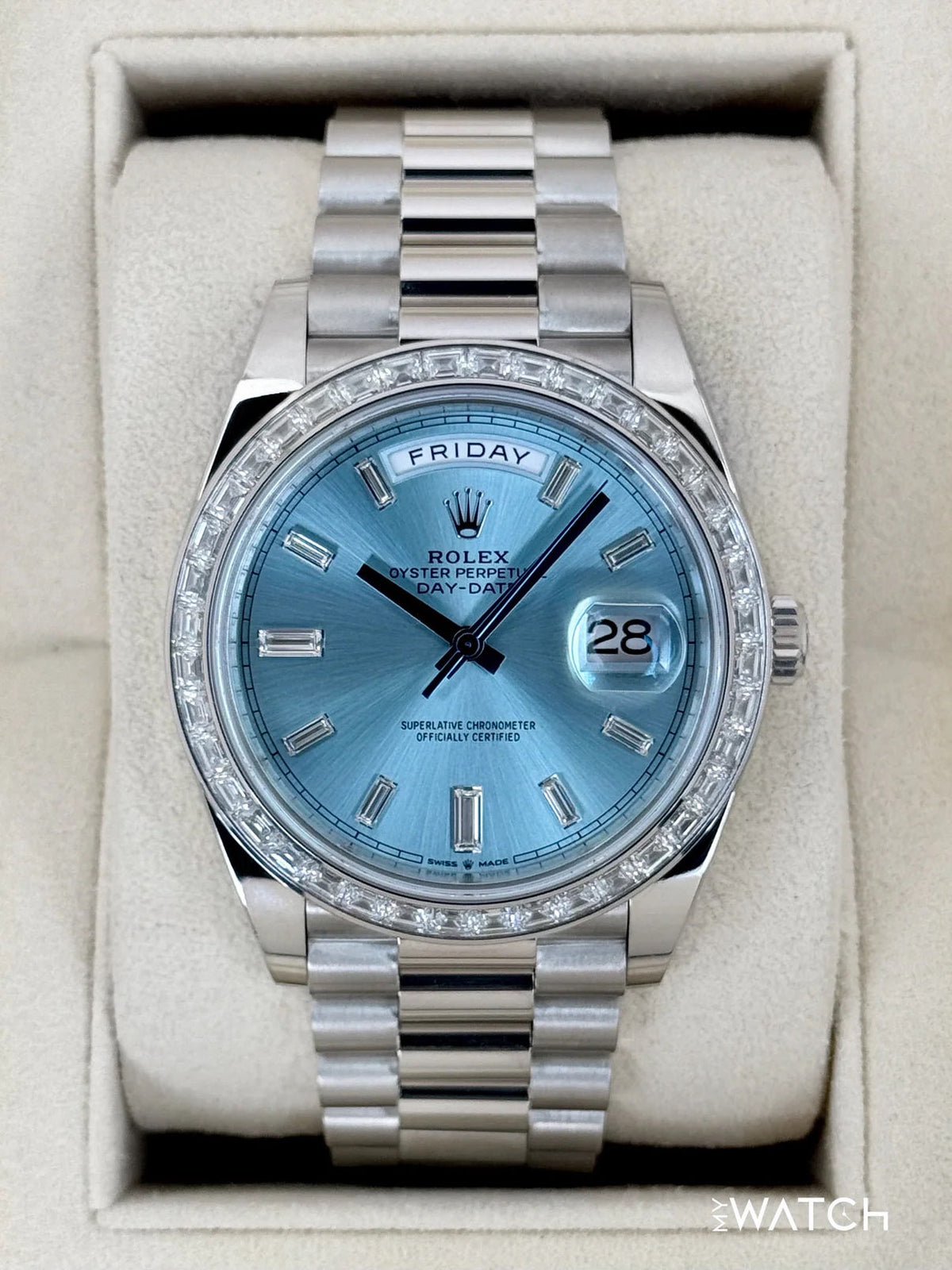 2023 Rolex Day-Date 40mm 228396TBR Ice Blue Diamond Baguette Dial