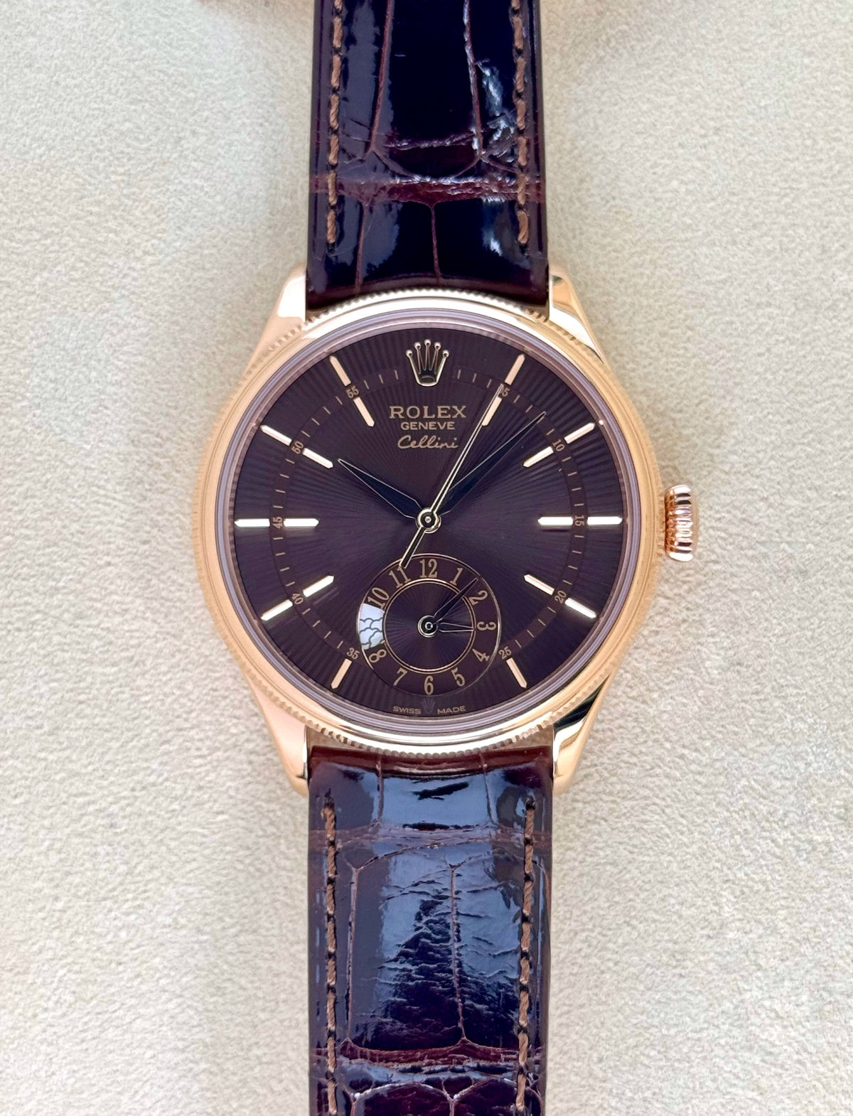 2020 Rolex Cellini Dual Time 39mm 50525 Rose Gold Brown Dial