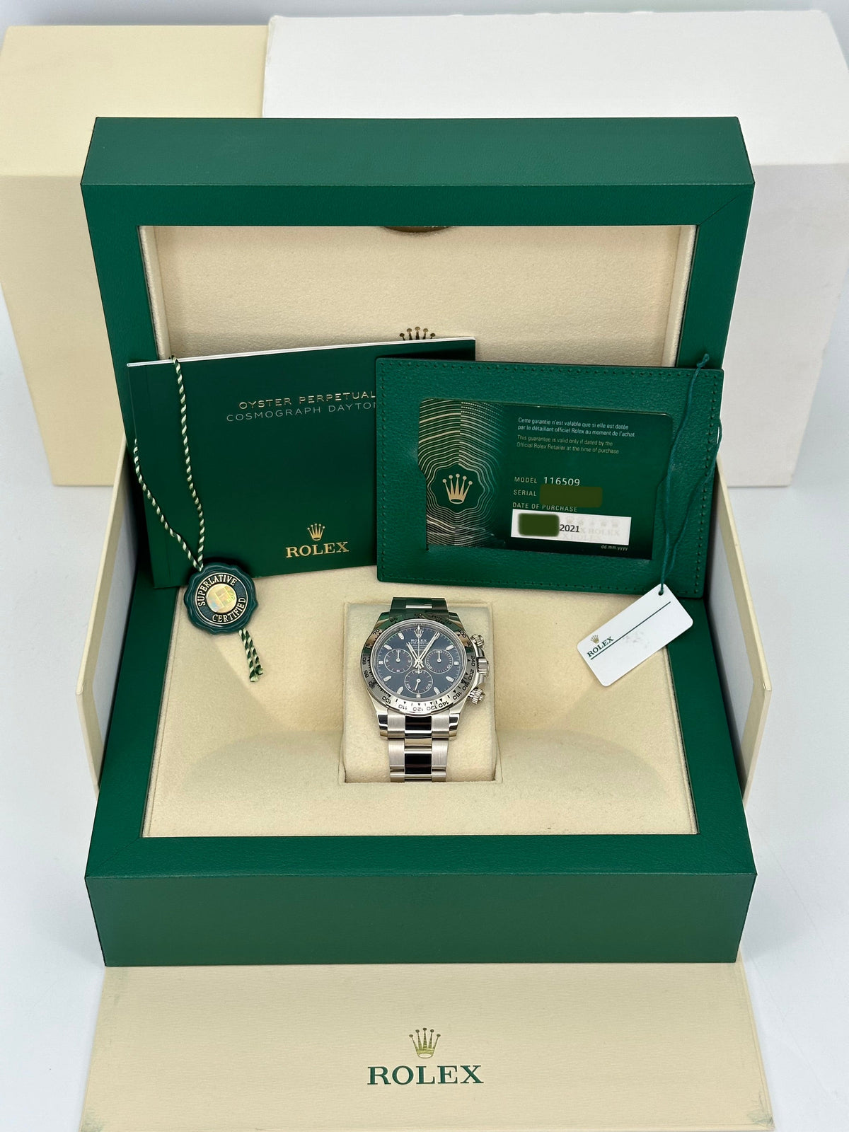 2021 Rolex Daytona 40mm 116509 White Gold Blue Dial