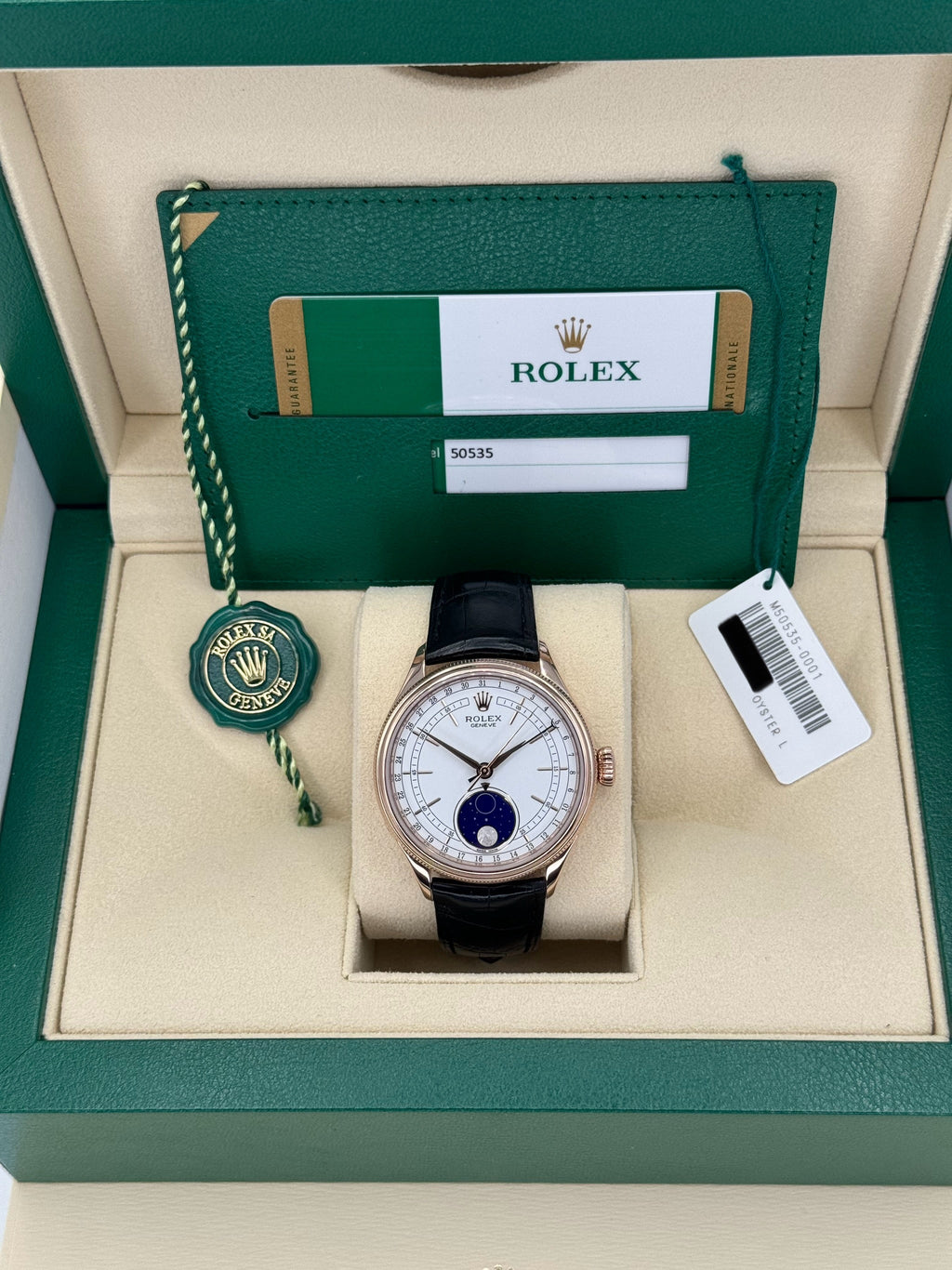 2019 Rolex Cellini Moonphase 39mm 50535 Rose Gold White Dial