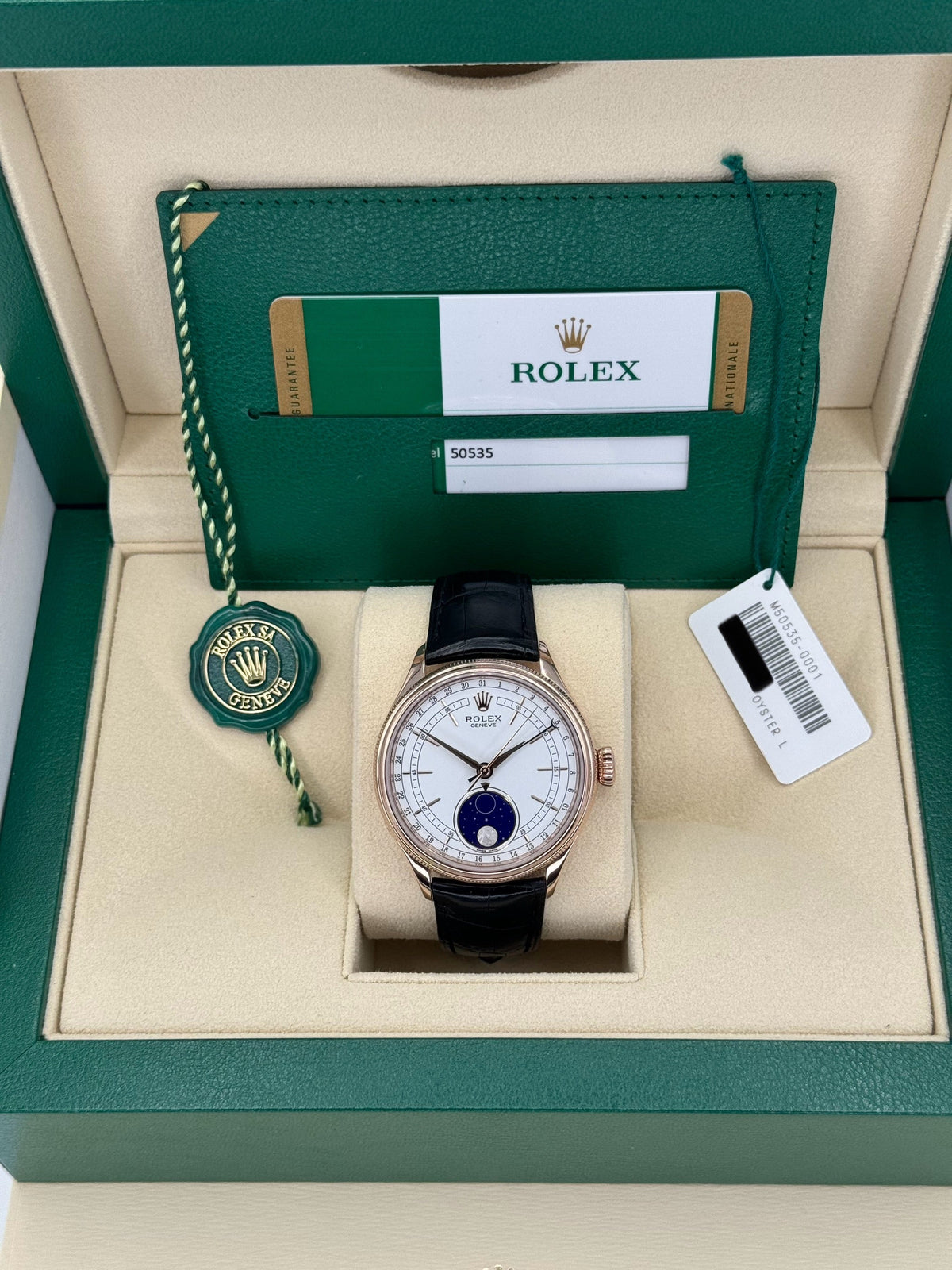 2019 Rolex Cellini Moonphase 39mm 50535 Rose Gold White Dial
