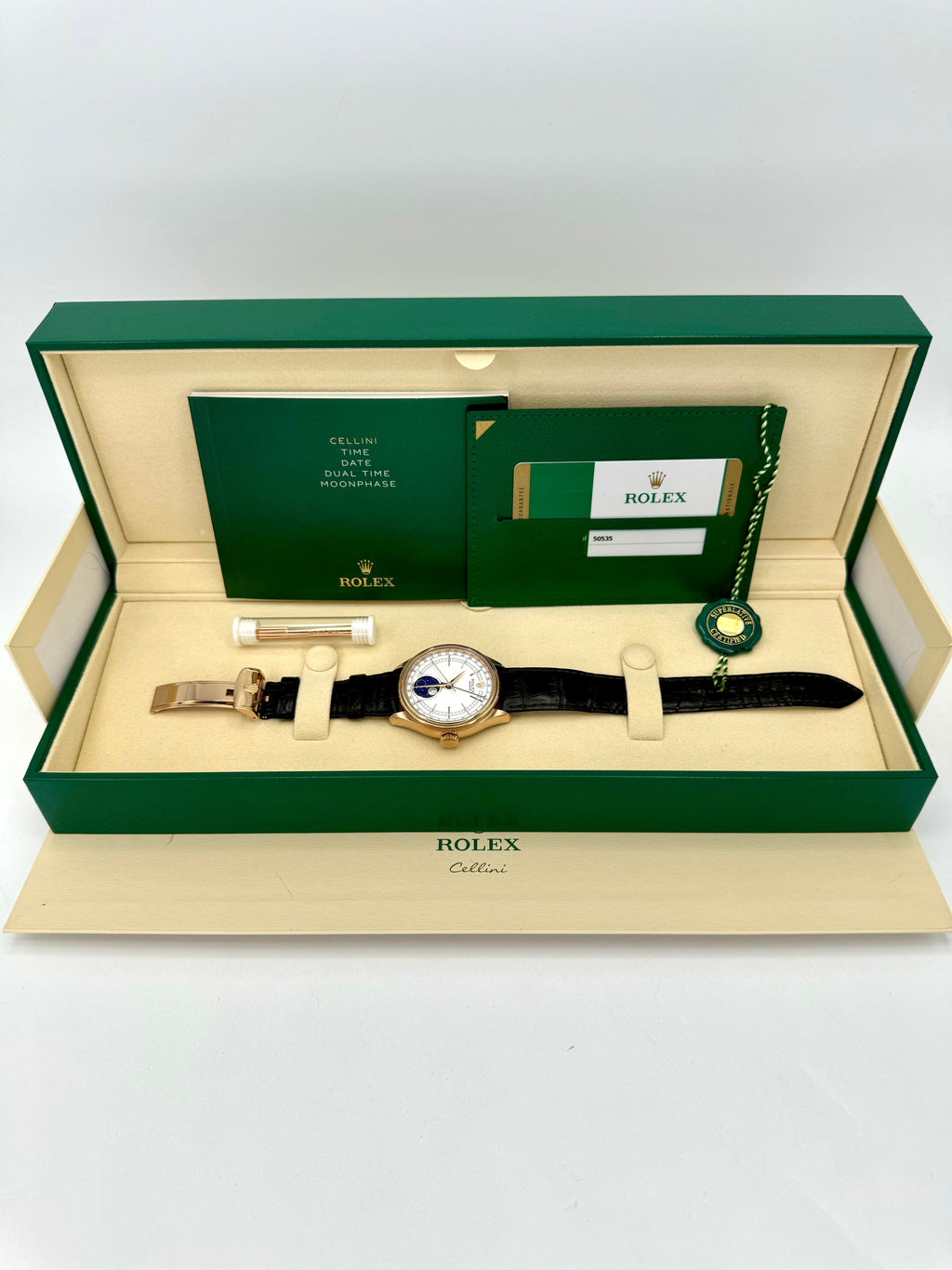 2020 Rolex Cellini Moonphase 39mm 50535 Rose Gold White Dial