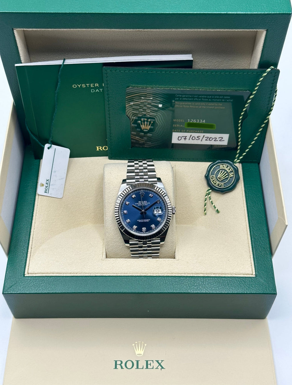 2022 Rolex Datejust 41mm 126334 Jubilee Blue Diamond Dial