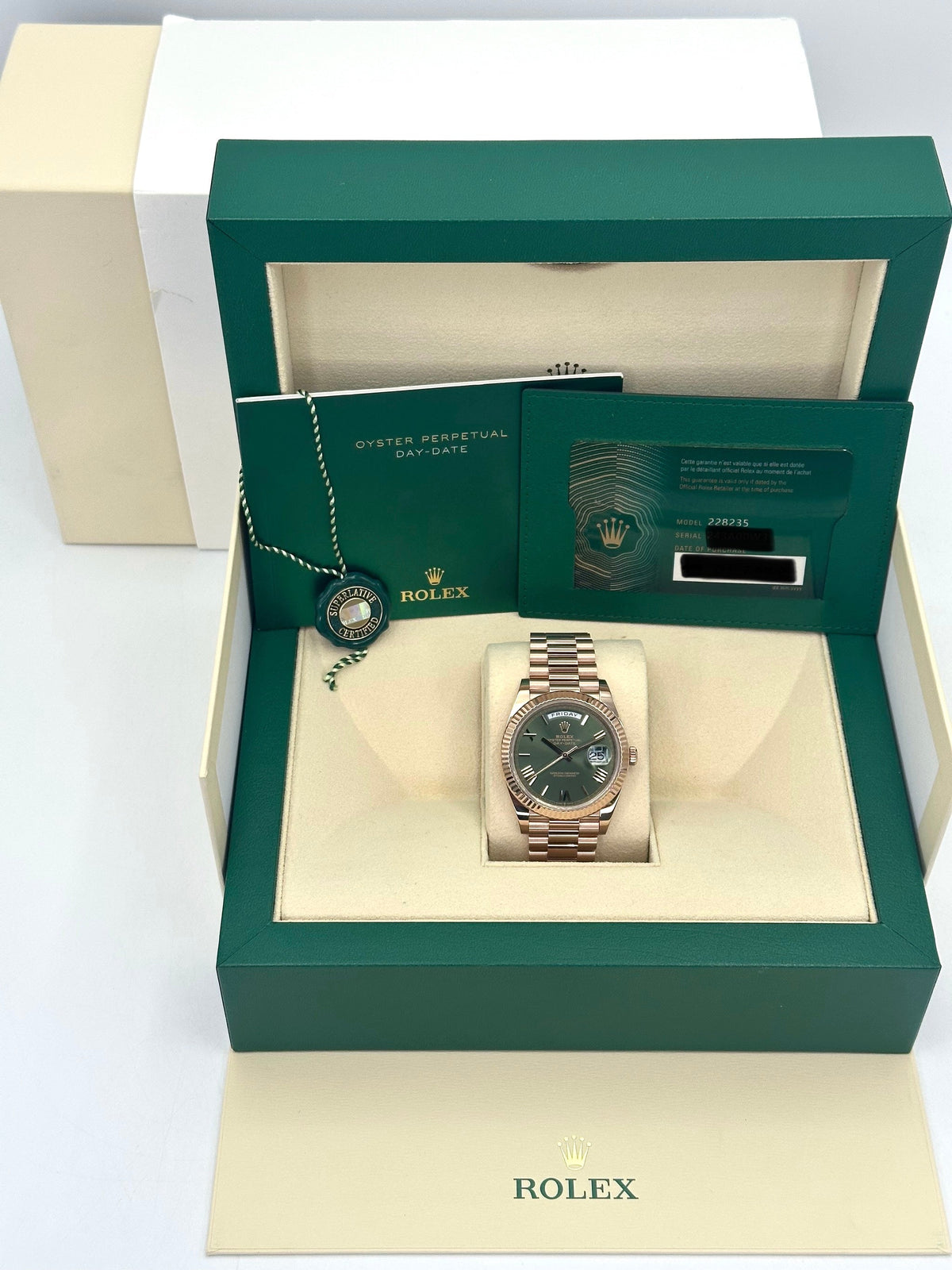 2022 Rolex Day-Date 40mm 228235 Presidential Rose Gold Olive Dial