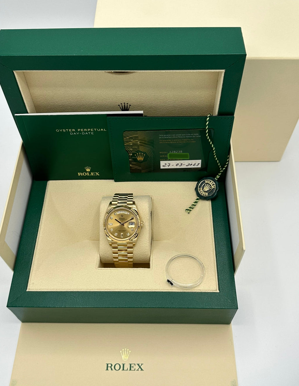 2023 Rolex Day-Date 36mm 128238 Champagne Diamond Dial