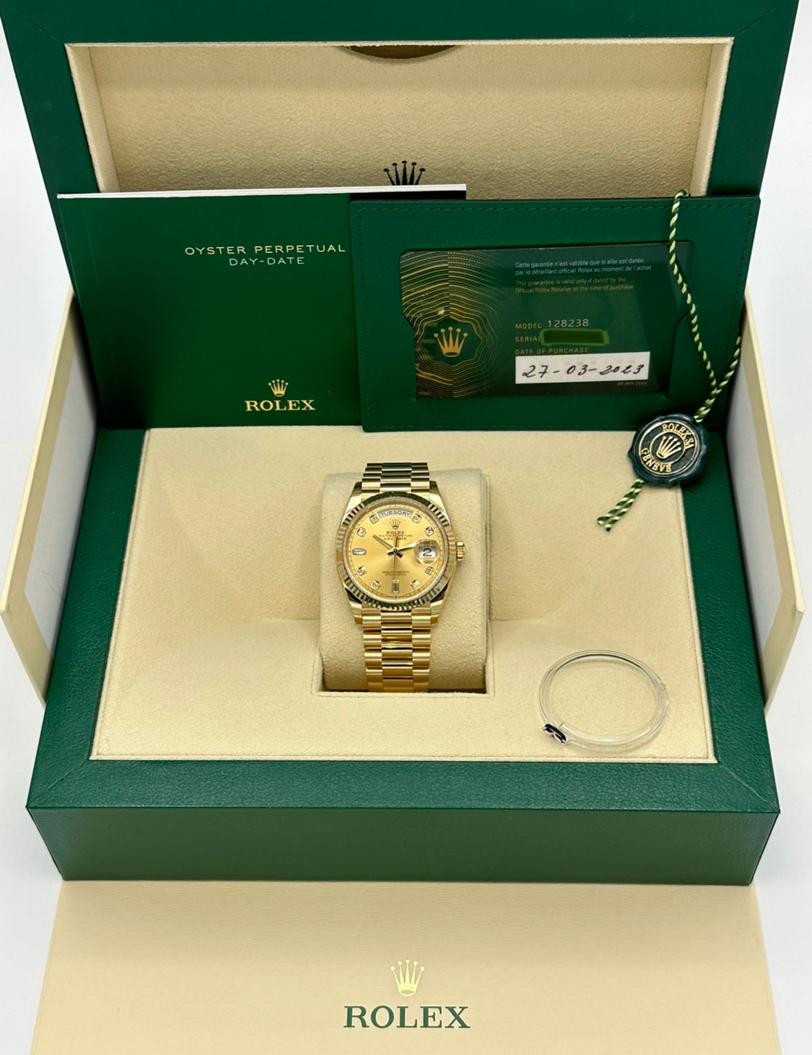 2023 Rolex Day-Date 36mm 128238 Champagne Diamond Dial
