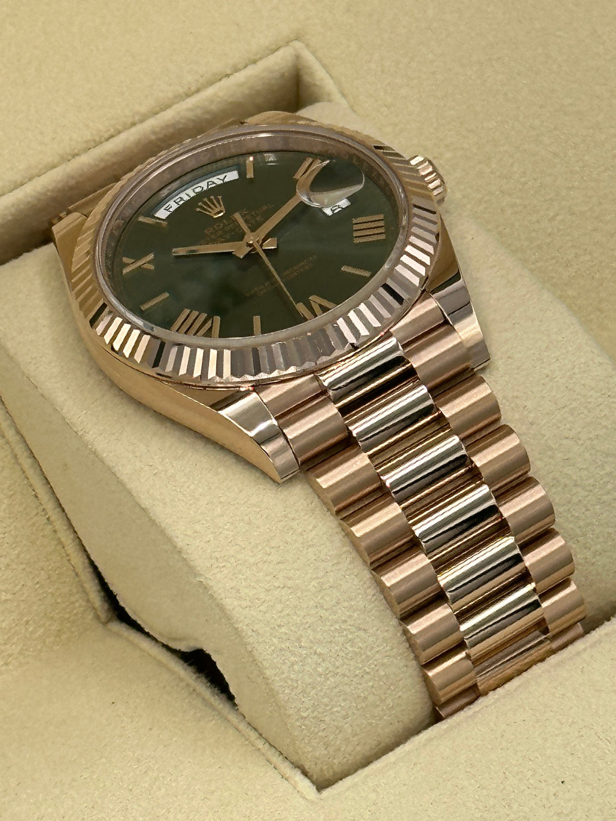 NEW 2023 Rolex Day-Date 40mm 228235 Presidential Rose Gold Olive Dial