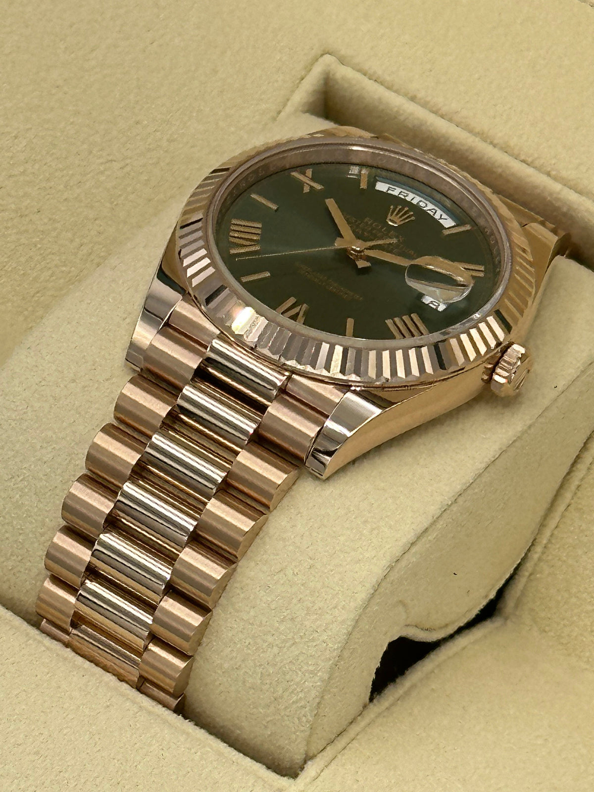NEW 2023 Rolex Day-Date 40mm 228235 Presidential Rose Gold Olive Dial