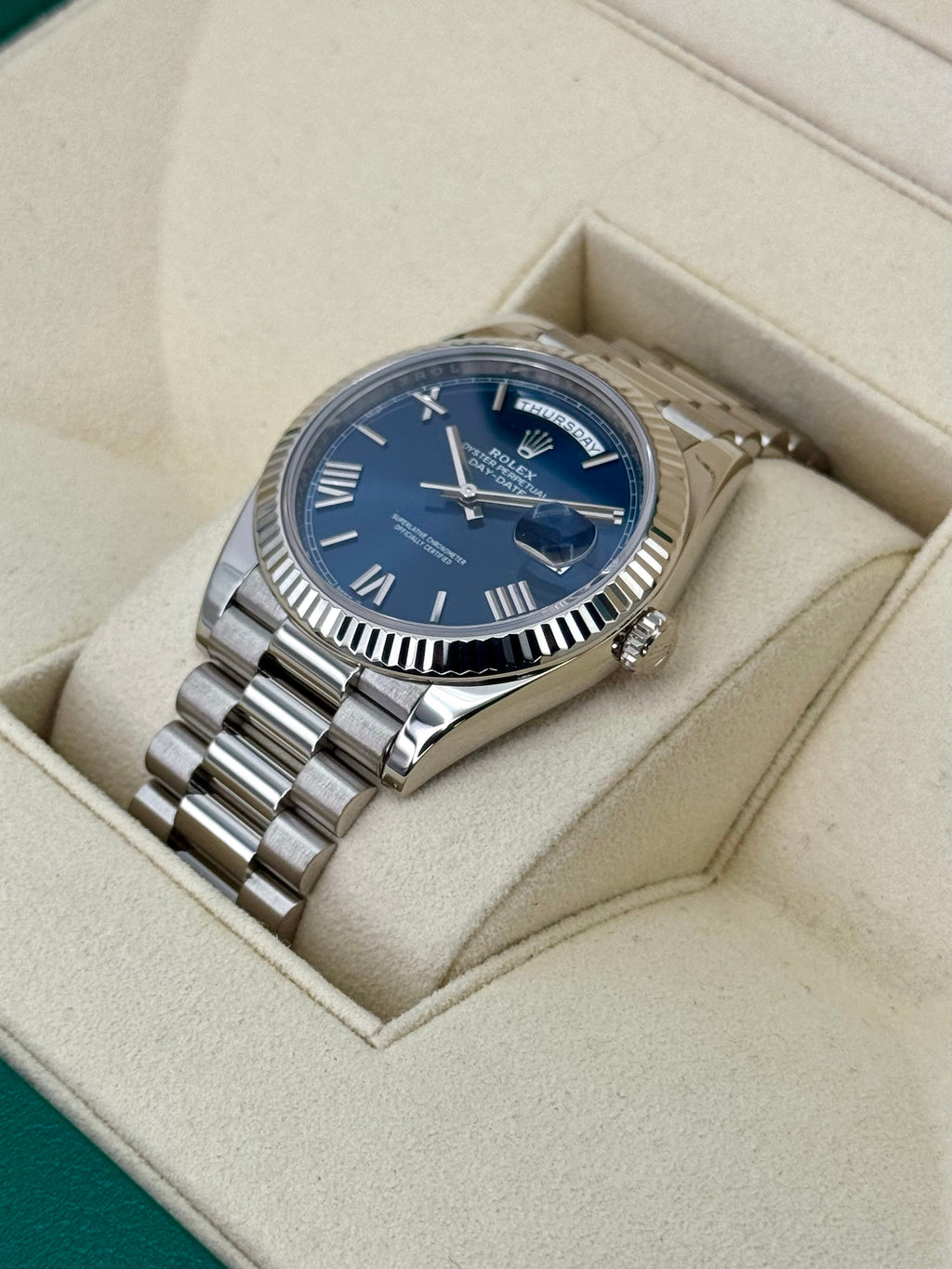 2021 Rolex Day-Date 40mm 228239 White Gold Blue Dial