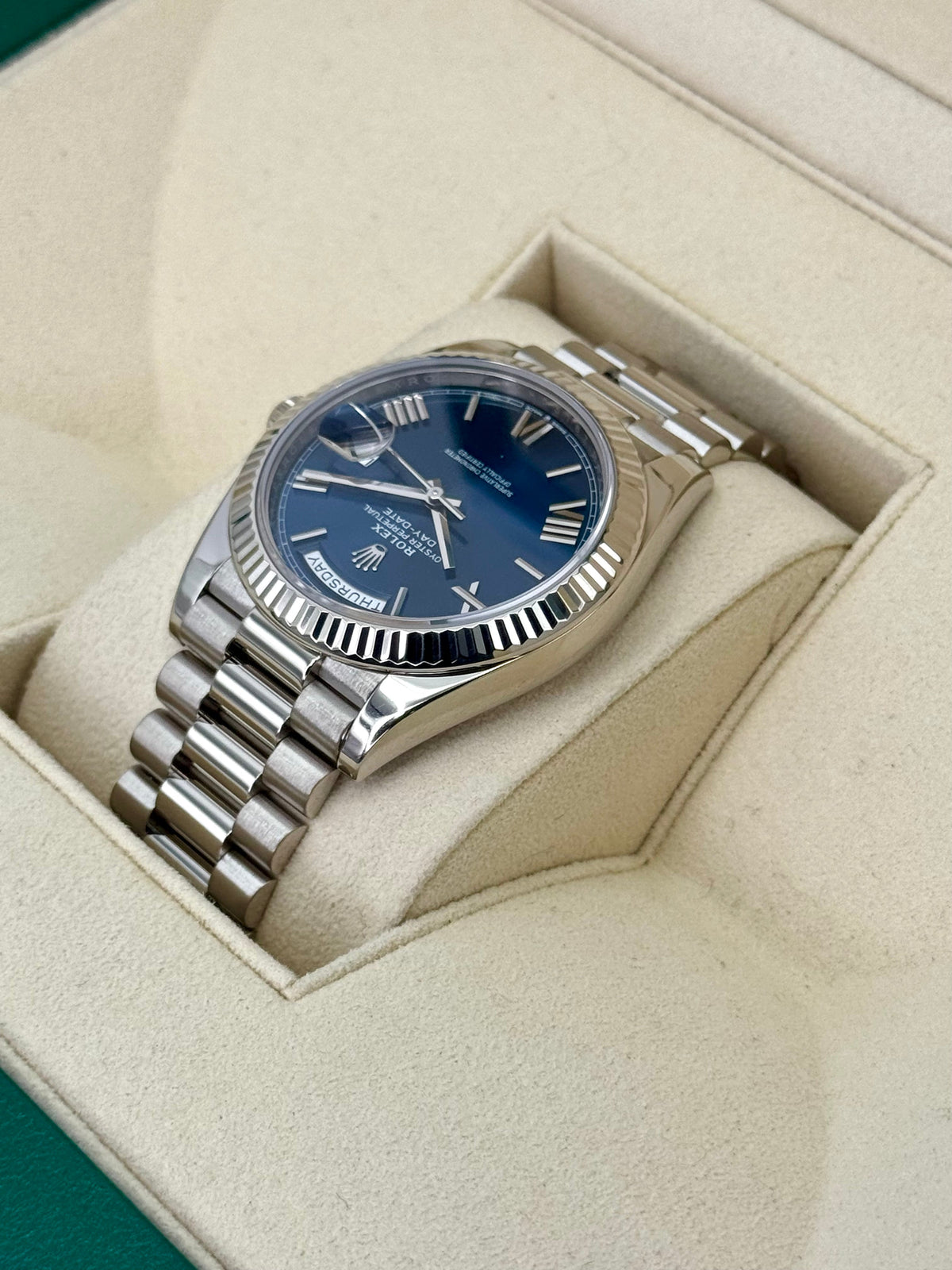 2021 Rolex Day-Date 40mm 228239 White Gold Blue Dial