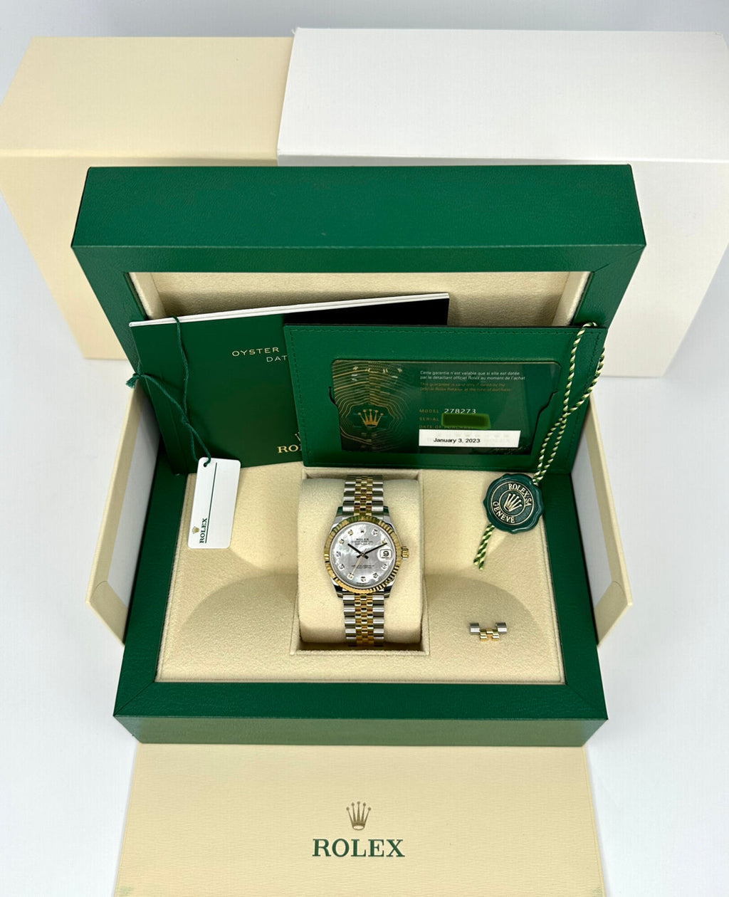 2023 Roles Datejust 31mm Two-Tone Jubilee Mother of Pearl Diamond Dial