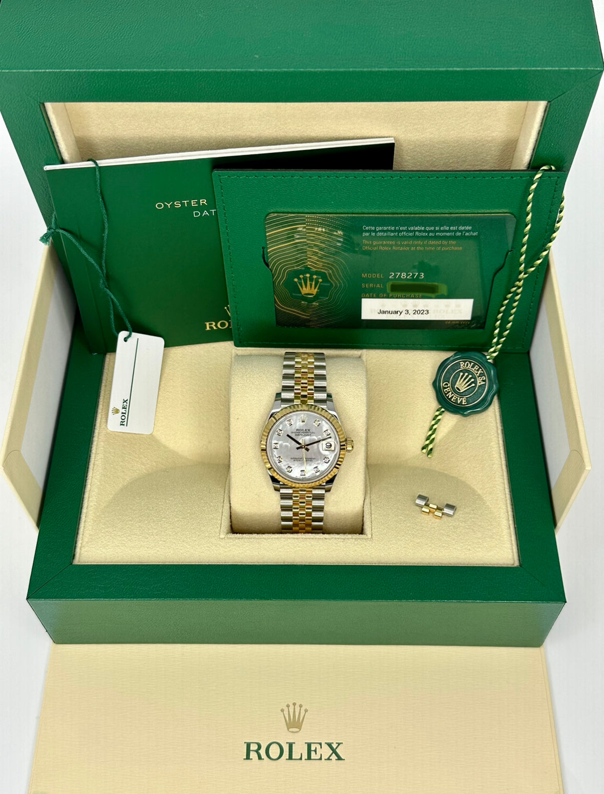 2023 Roles Datejust 31mm Two-Tone Jubilee Mother of Pearl Diamond Dial