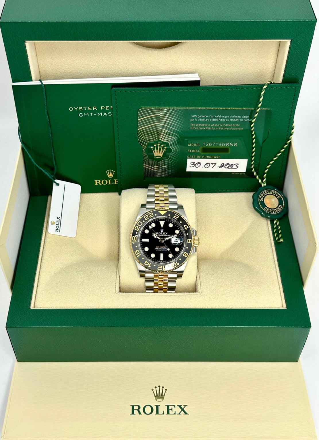 NEW 2023 Rolex GMT-Master II 40mm 126713GRNR Two-Tone Jubilee Black Dial