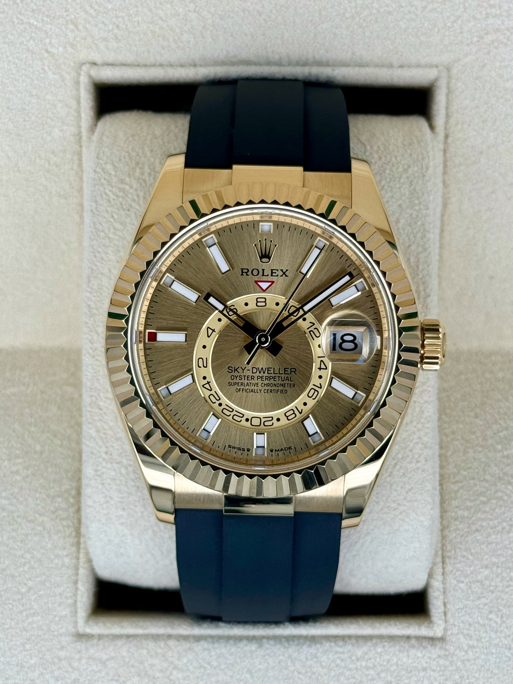 2024 Rolex Sky-Dweller 42mm 336238 Yellow Gold Oysterflex Champagne Dial