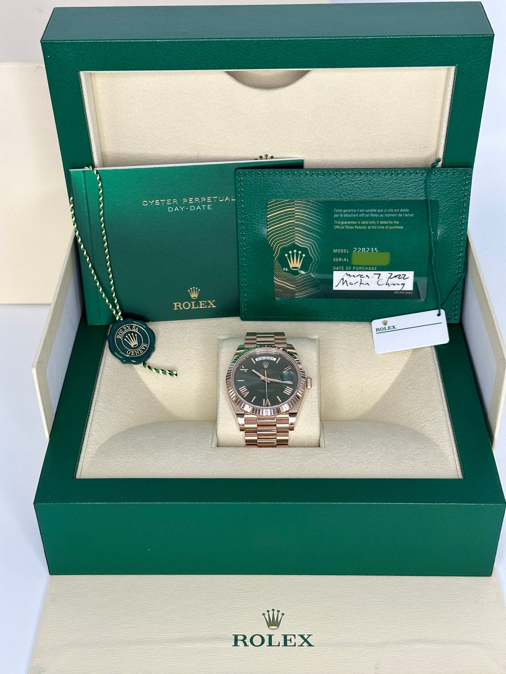 NEW 2022 Rolex Day-Date 40mm 228235 Presidential Rose Gold Olive Dial