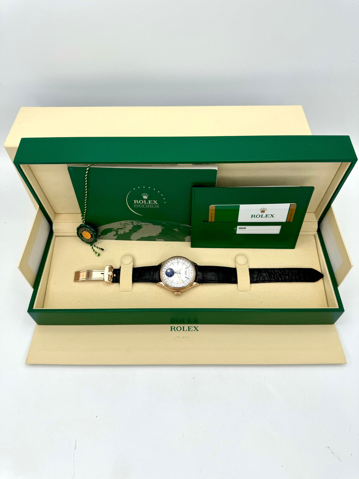 2018 Rolex Cellini Moonphase 39mm 50535 Rose Gold White Dial