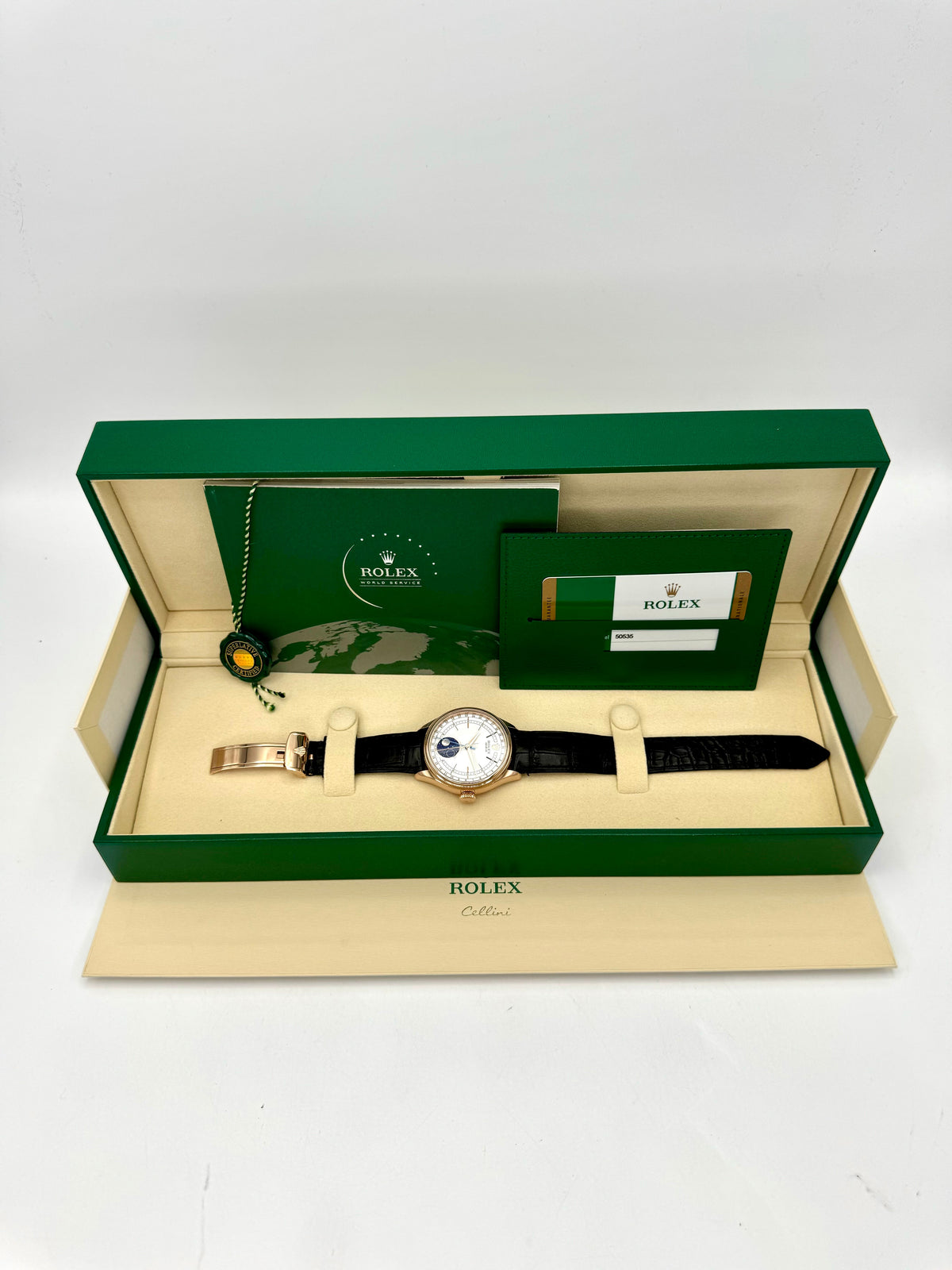 2018 Rolex Cellini Moonphase 39mm 50535 Rose Gold White Dial