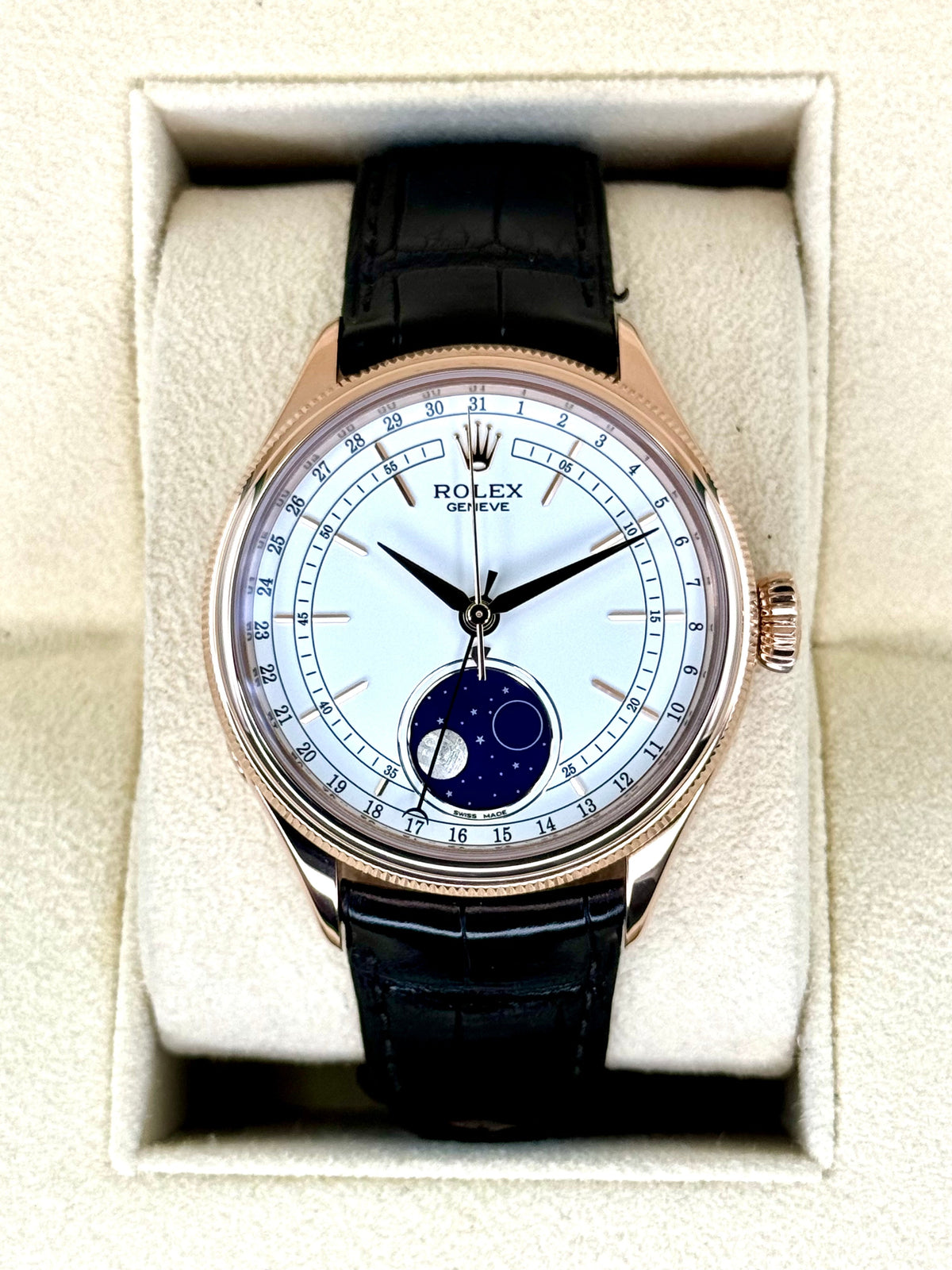2018 Rolex Cellini Moonphase 39mm 50535 Rose Gold White Dial