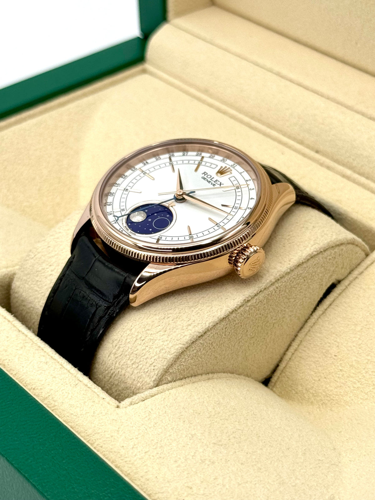 2018 Rolex Cellini Moonphase 39mm 50535 Rose Gold White Dial