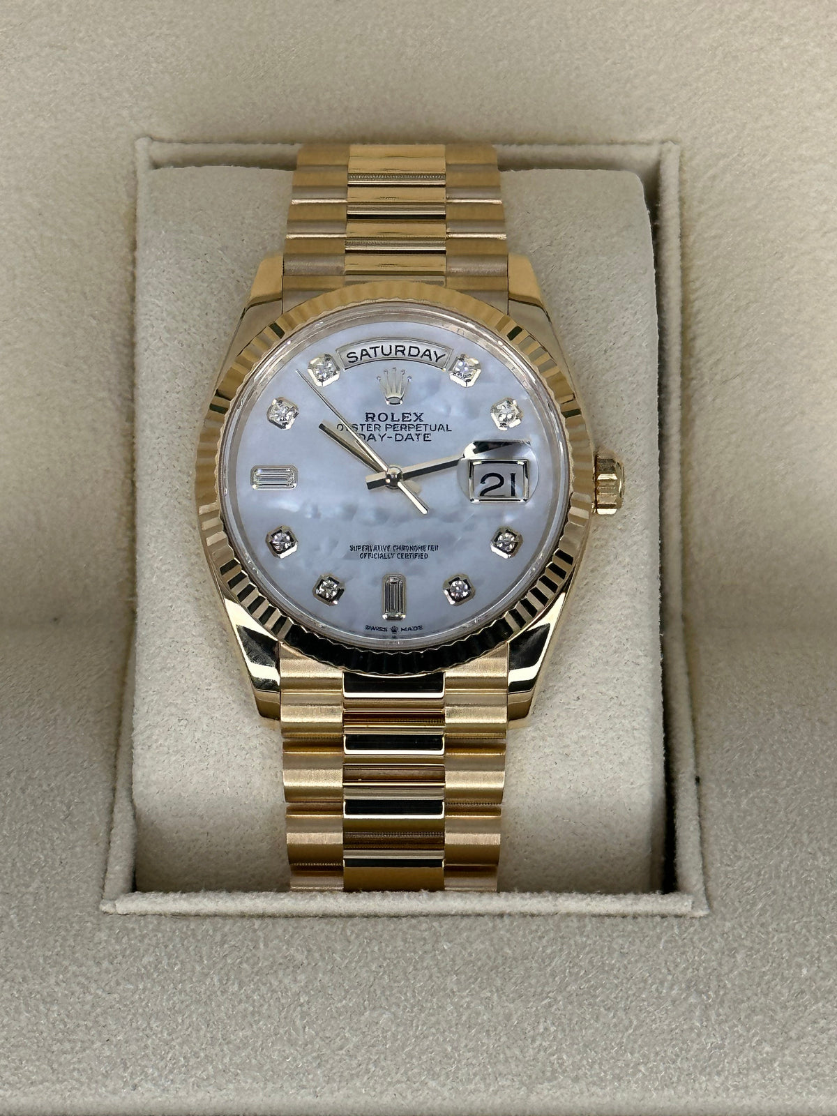 2021 Rolex Day-Date 36mm 128238 Mother of Pearl Diamond Dial