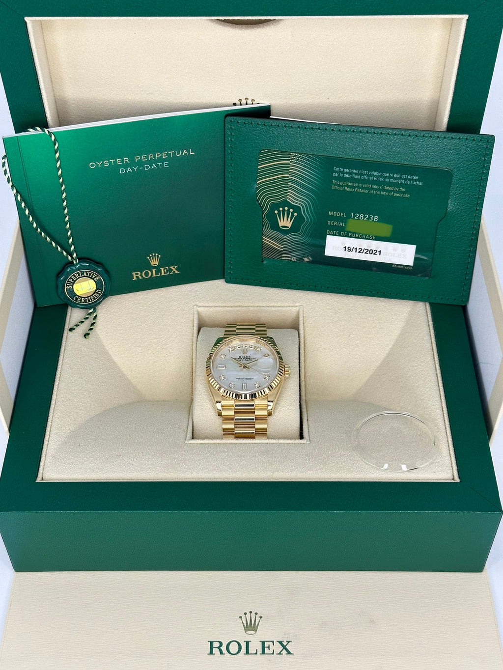 2021 Rolex Day-Date 36mm 128238 Mother of Pearl Diamond Dial