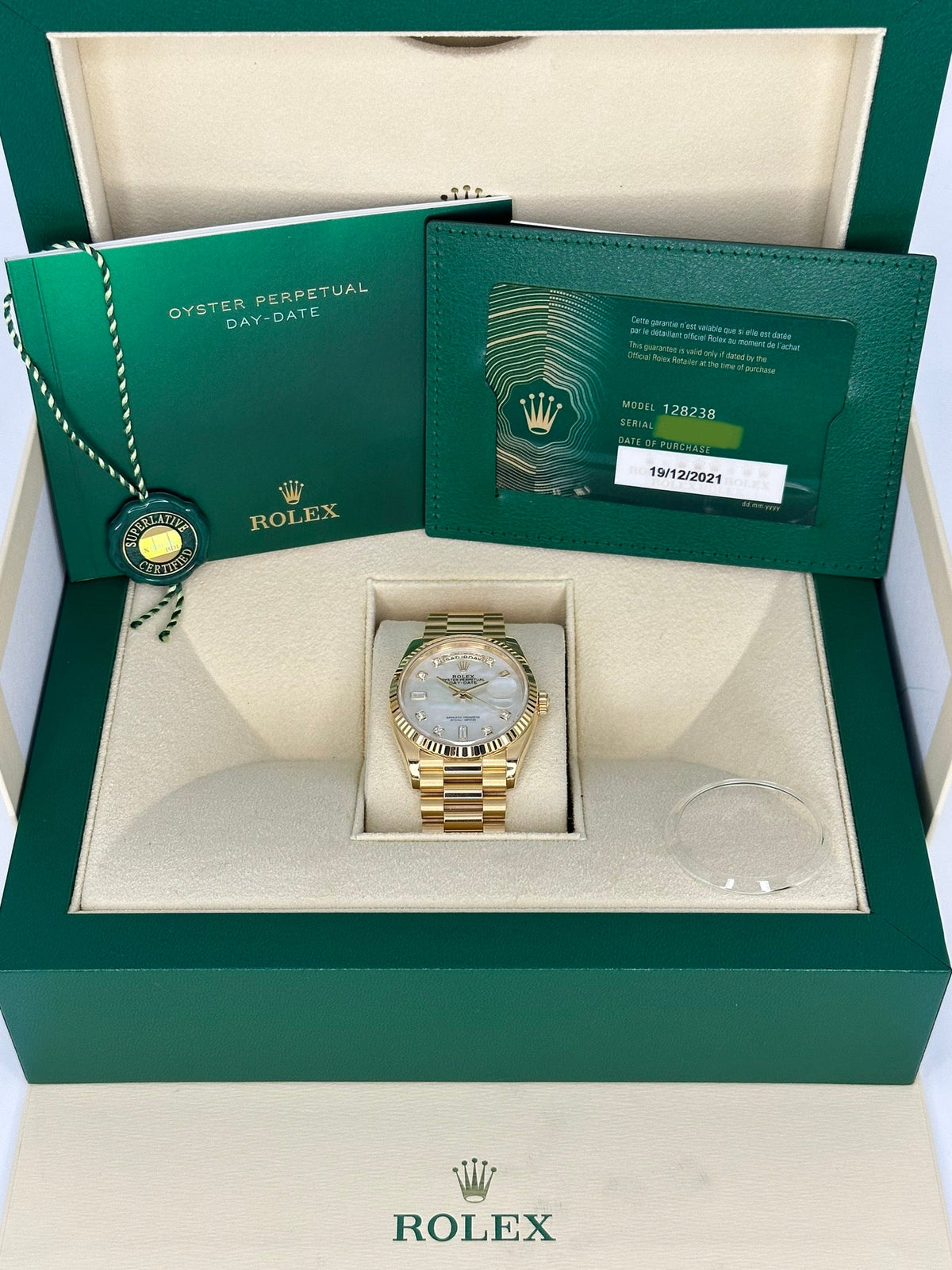 2021 Rolex Day-Date 36mm 128238 Mother of Pearl Diamond Dial