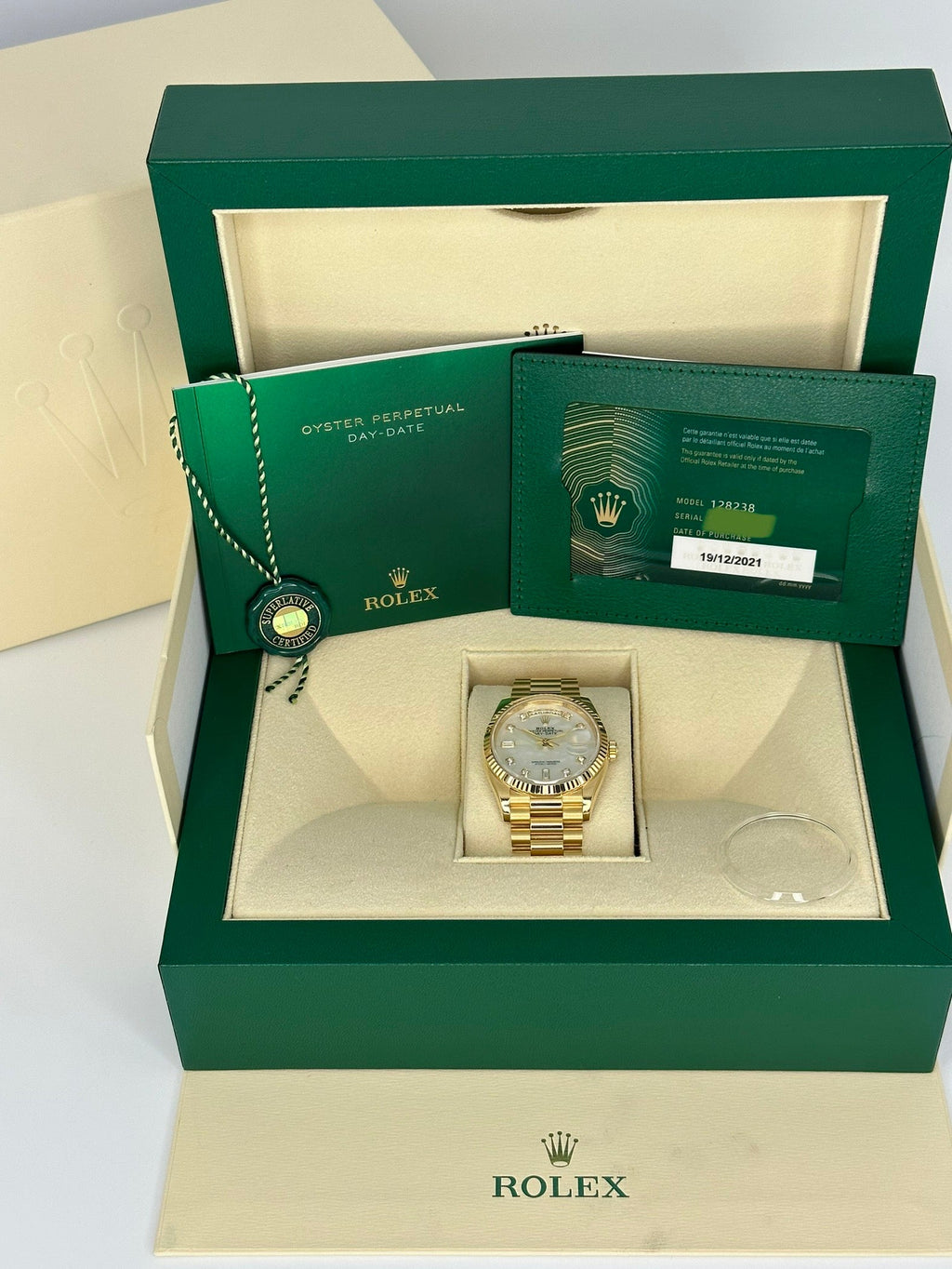 2021 Rolex Day-Date 36mm 128238 Mother of Pearl Diamond Dial