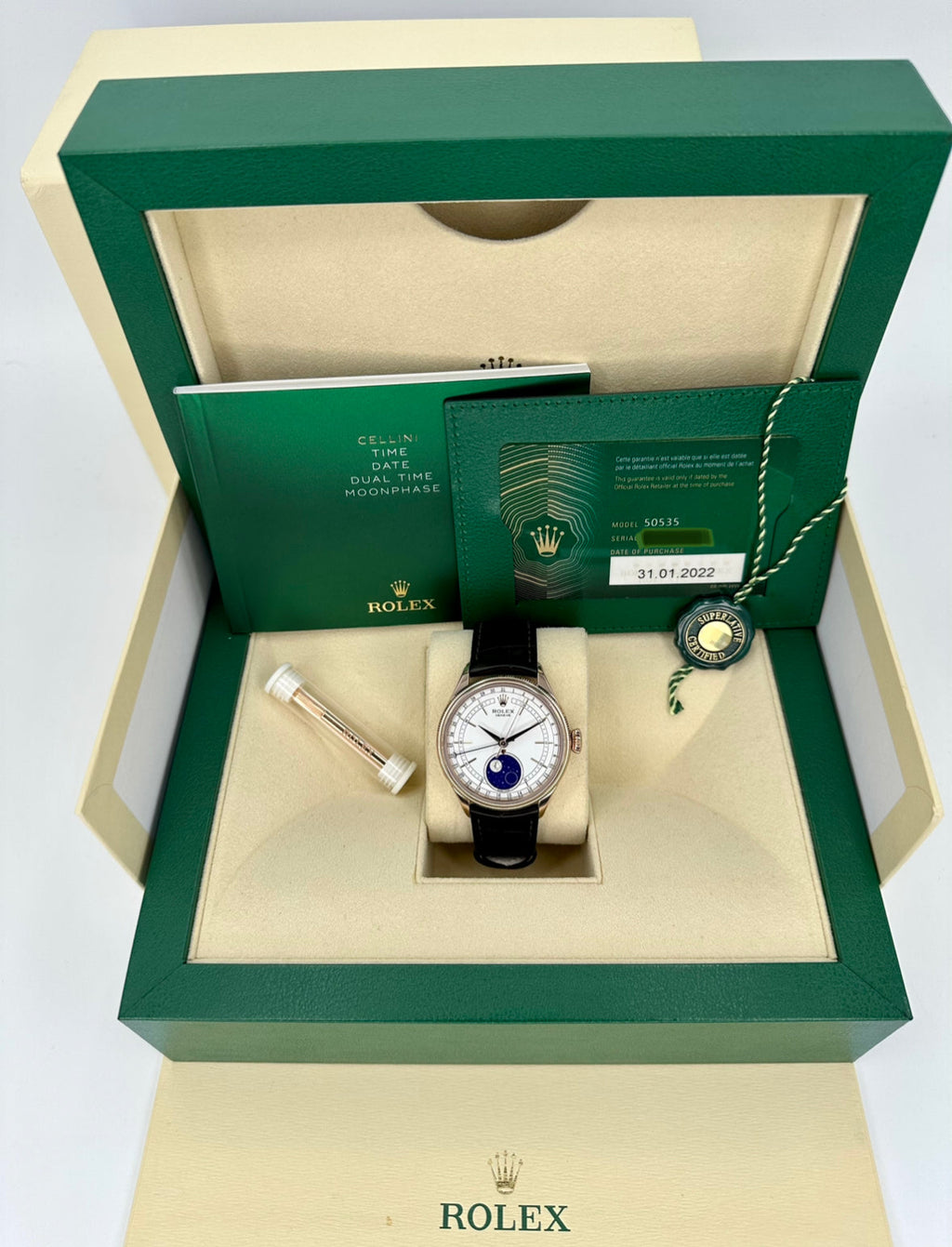 2022 Rolex Cellini Moonphase 39mm 50535 Rose Gold White Dial