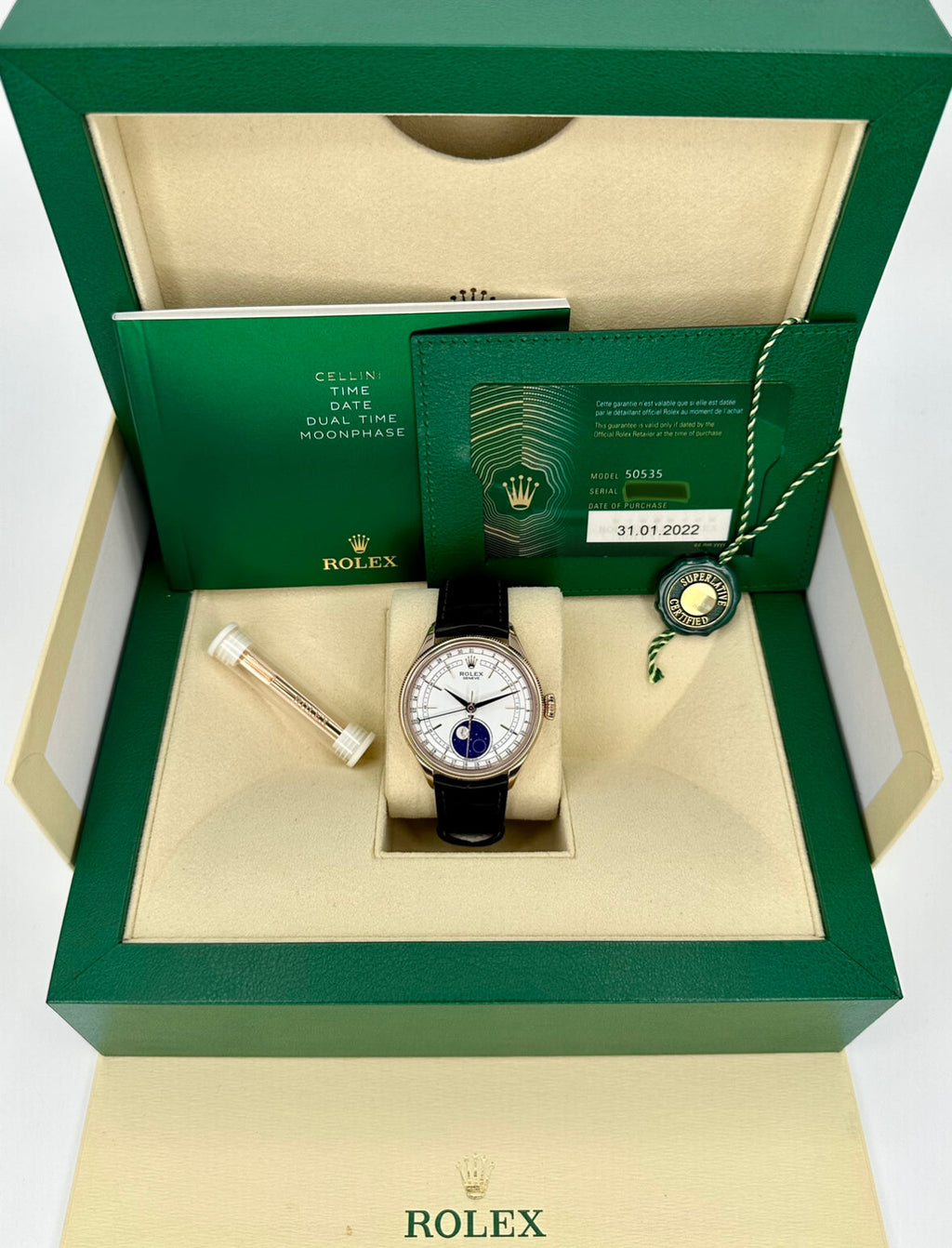 2022 Rolex Cellini Moonphase 39mm 50535 Rose Gold White Dial