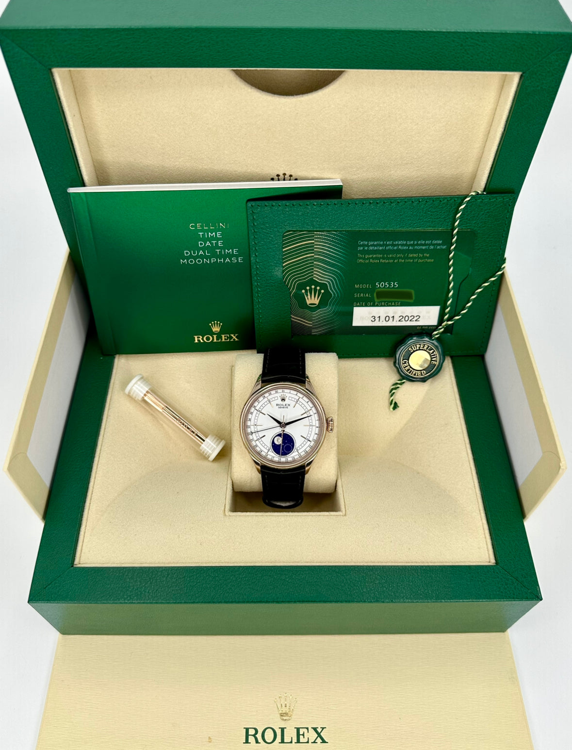 2022 Rolex Cellini Moonphase 39mm 50535 Rose Gold White Dial
