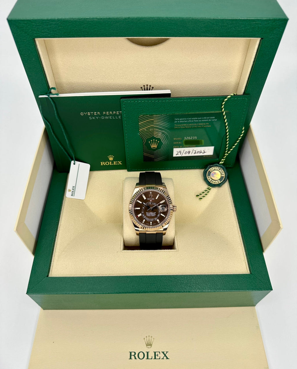 2022 Rolex Sky-Dweller 42mm 326235 Rose Gold Oysterflex Chocolate Dial