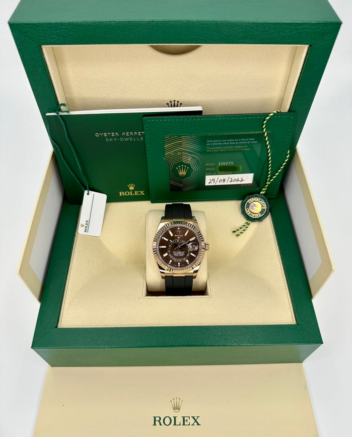 2022 Rolex Sky-Dweller 42mm 326235 Rose Gold Oysterflex Chocolate Dial