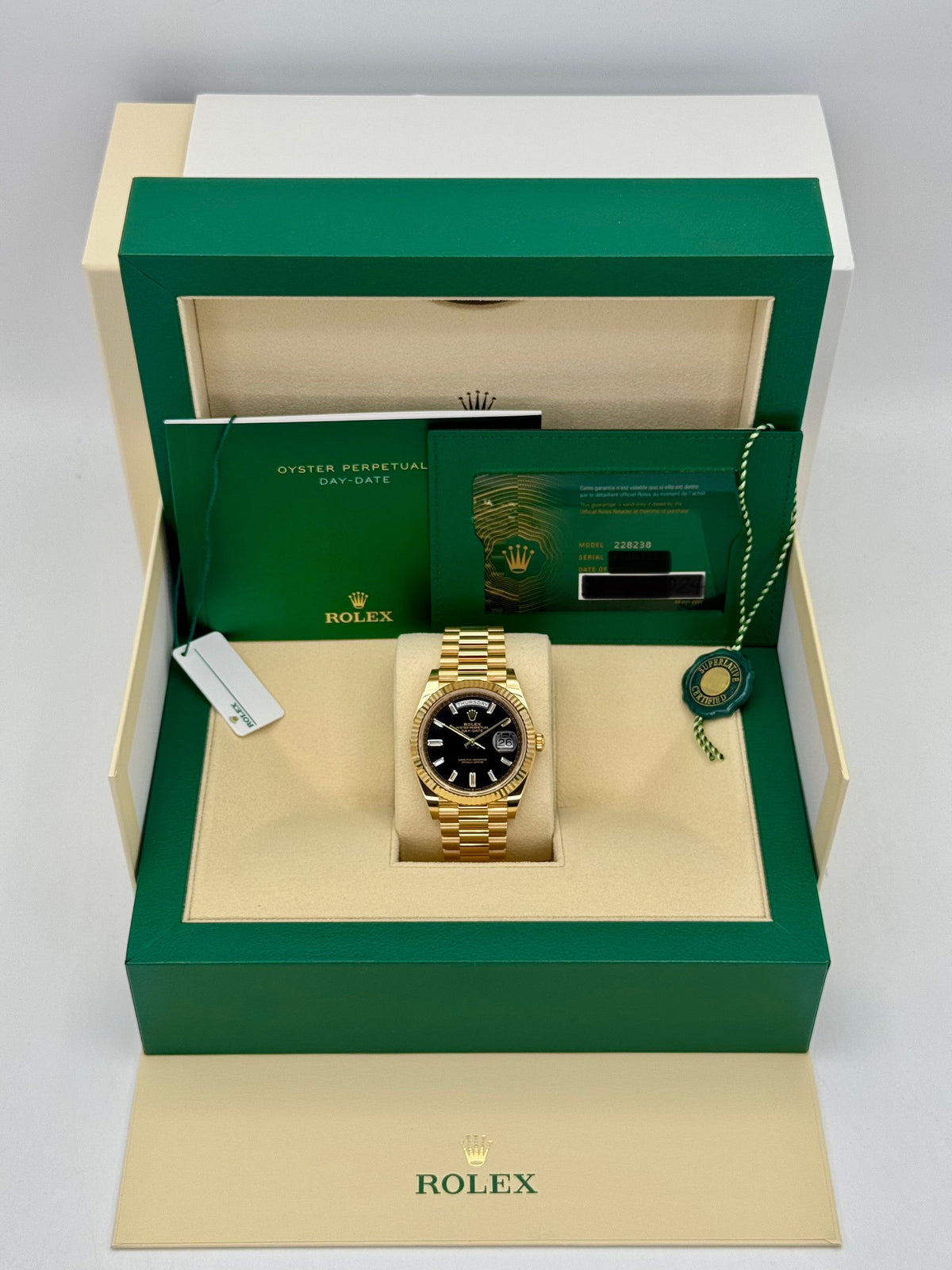 NEW 2025 Rolex Day-Date 40mm 228238 Black Diamond Baguette Dial