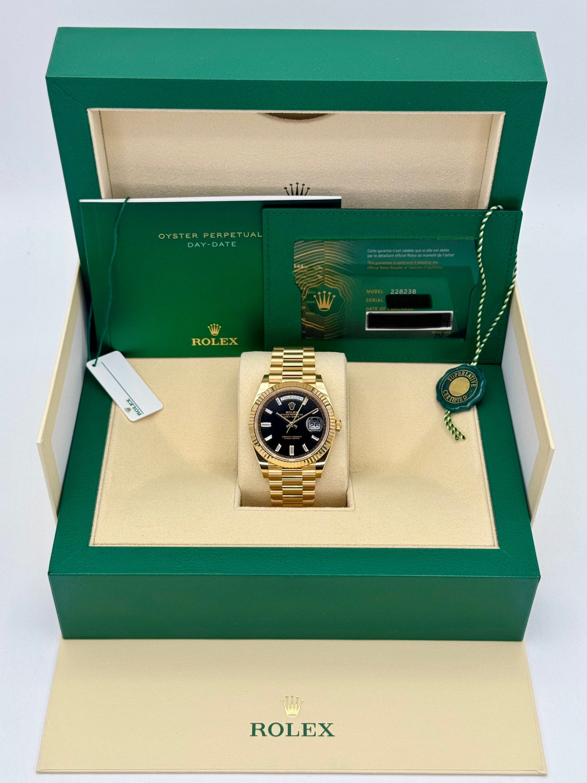 NEW 2025 Rolex Day-Date 40mm 228238 Black Diamond Baguette Dial