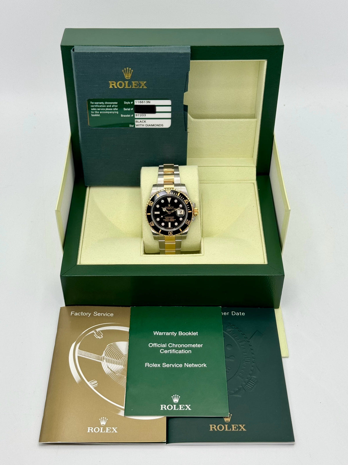 2015 Rolex Submariner 40mm 116613N Two-Tone Black Serti Diamond Dial