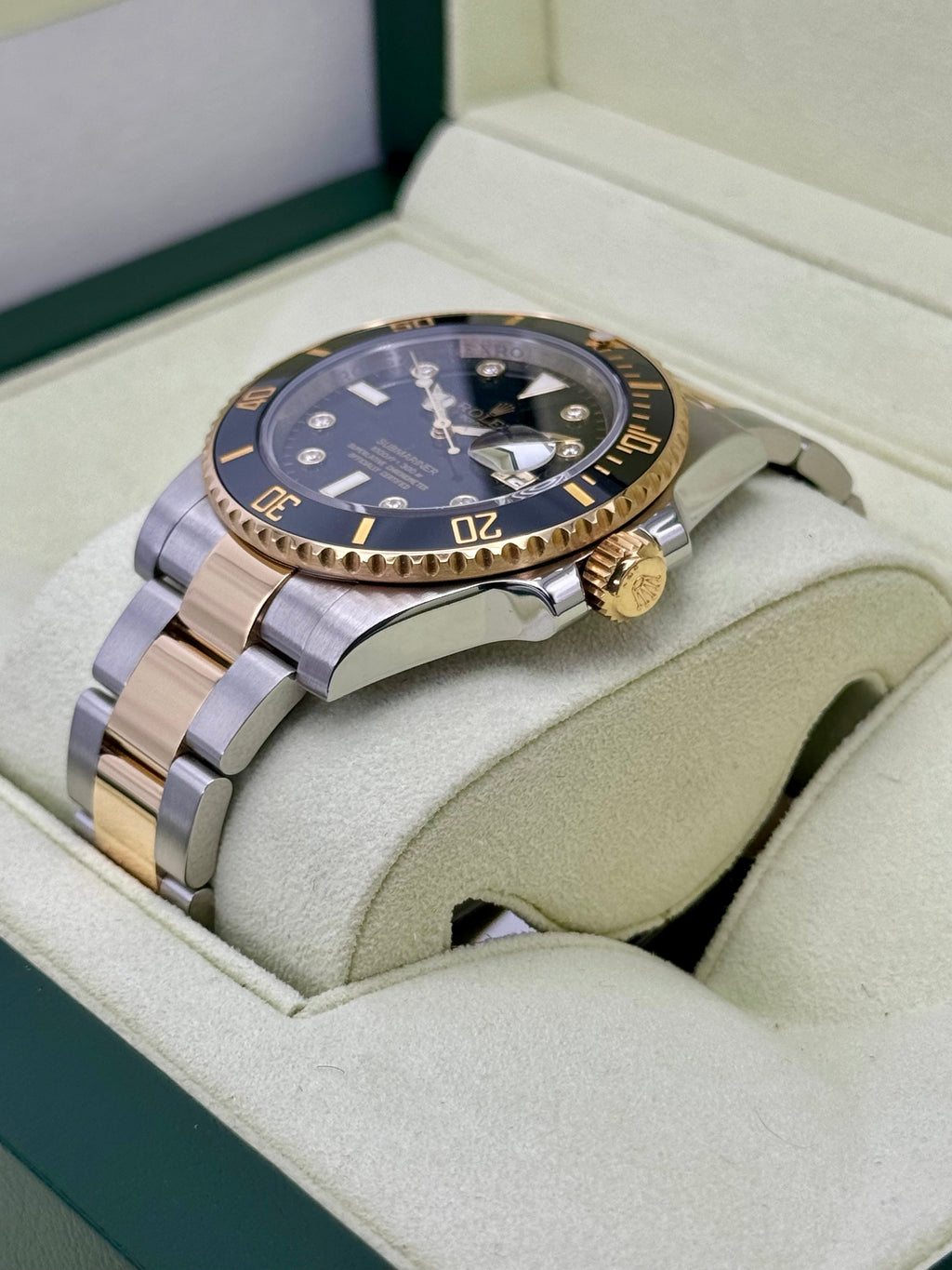 2015 Rolex Submariner 40mm 116613N Two-Tone Black Serti Diamond Dial