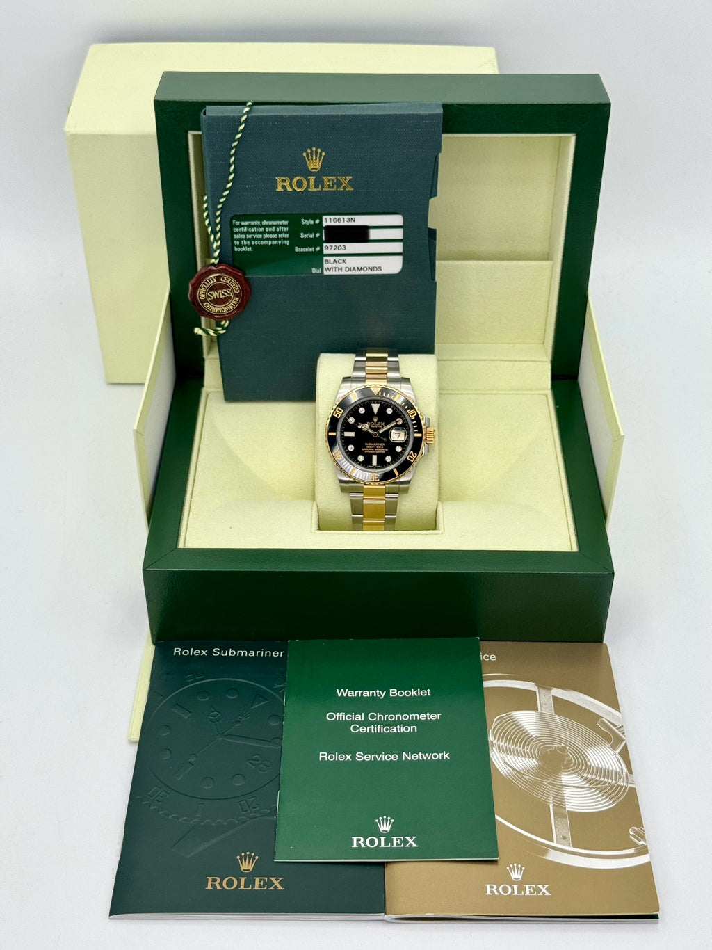2015 Rolex Submariner 40mm 116613N Two-Tone Black Serti Diamond Dial