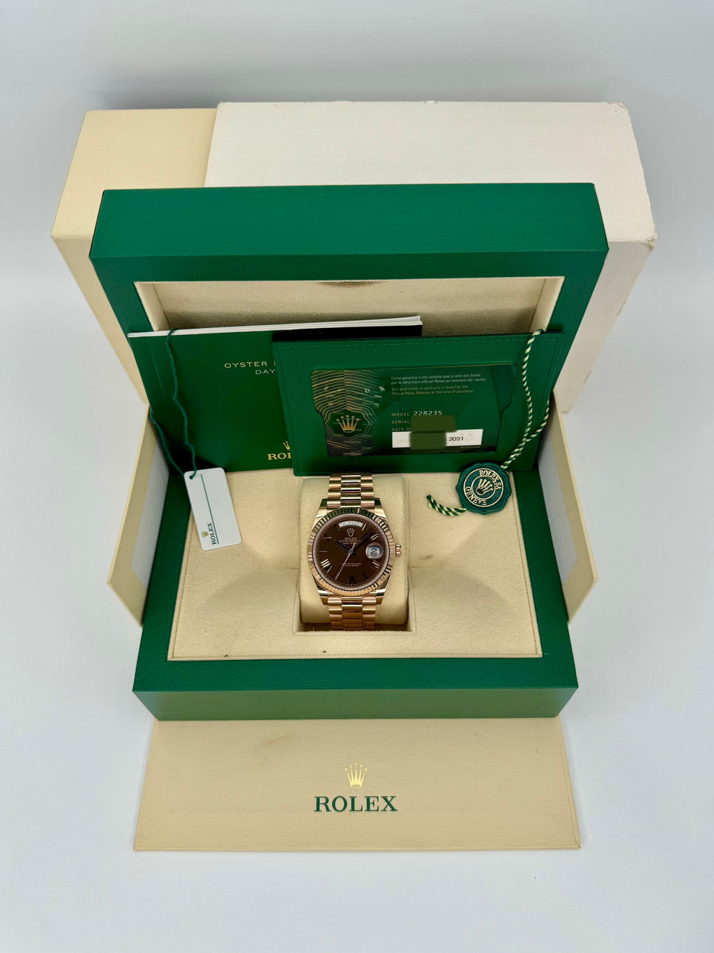 2021 Rolex Day-Date 40mm 228235 Presidential Rose Gold Chocolate Dial
