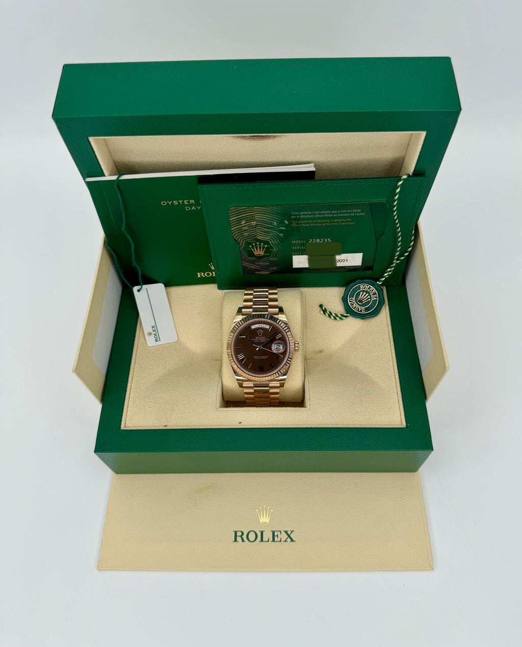 2021 Rolex Day-Date 40mm 228235 Presidential Rose Gold Chocolate Dial