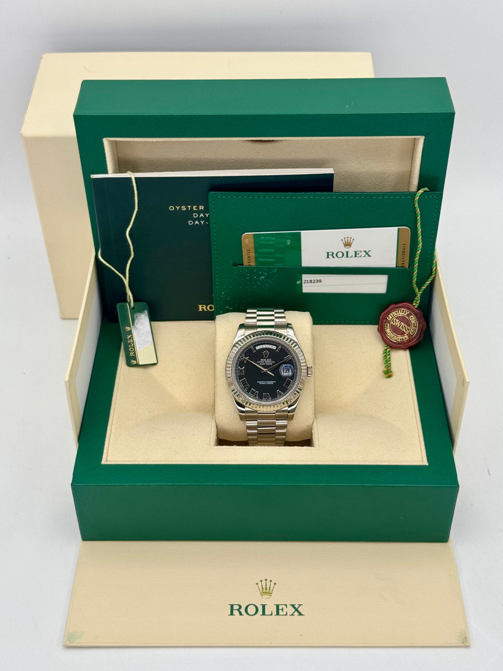 2015 Rolex Day-Date II 41mm 218239 White Gold Presidential Black Dial