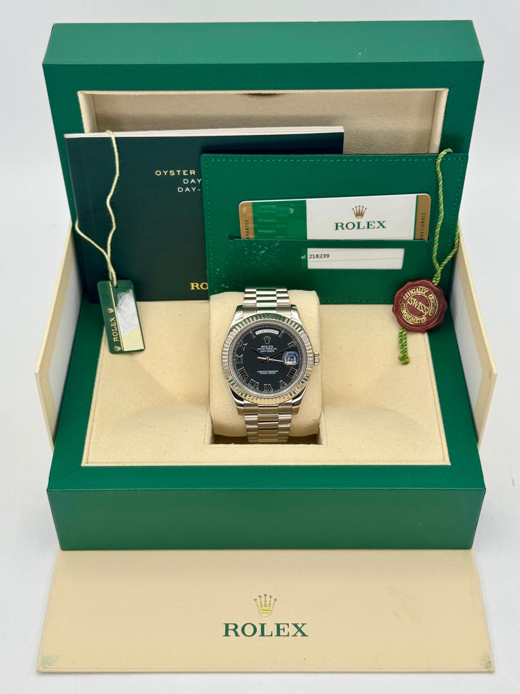 2015 Rolex Day-Date II 41mm 218239 White Gold Presidential Black Dial