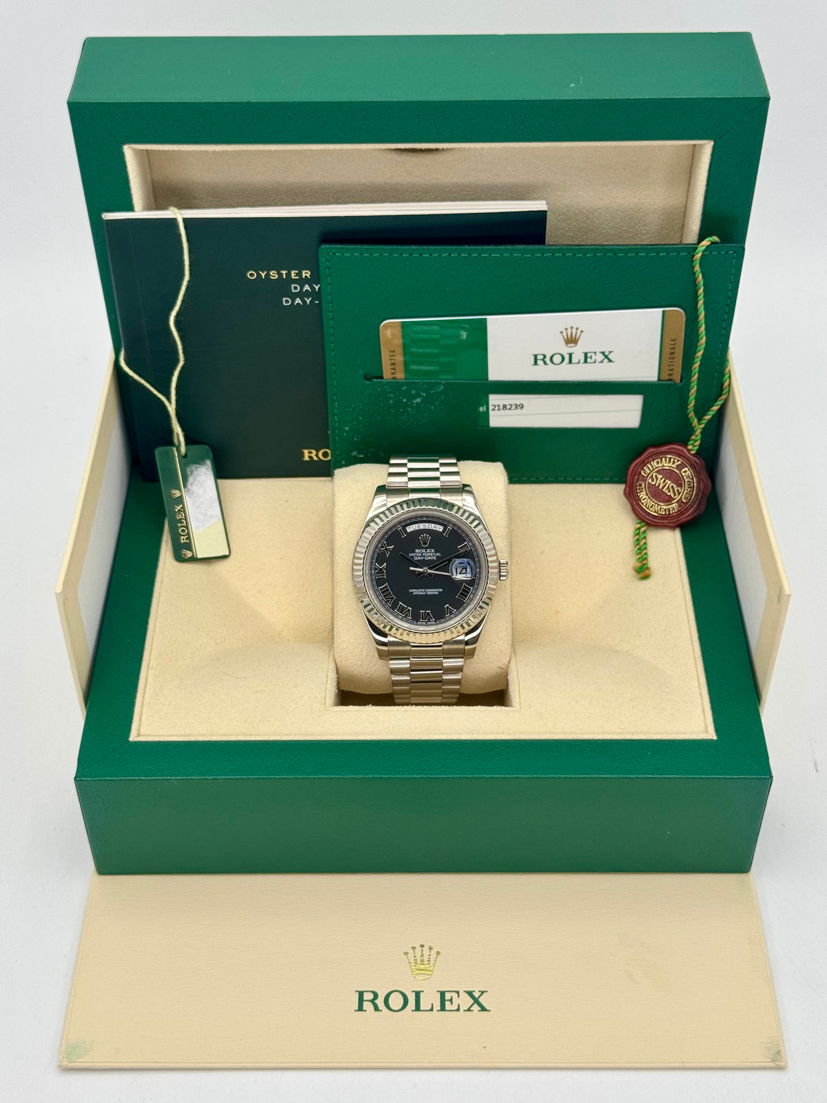 2015 Rolex Day-Date II 41mm 218239 White Gold Presidential Black Dial