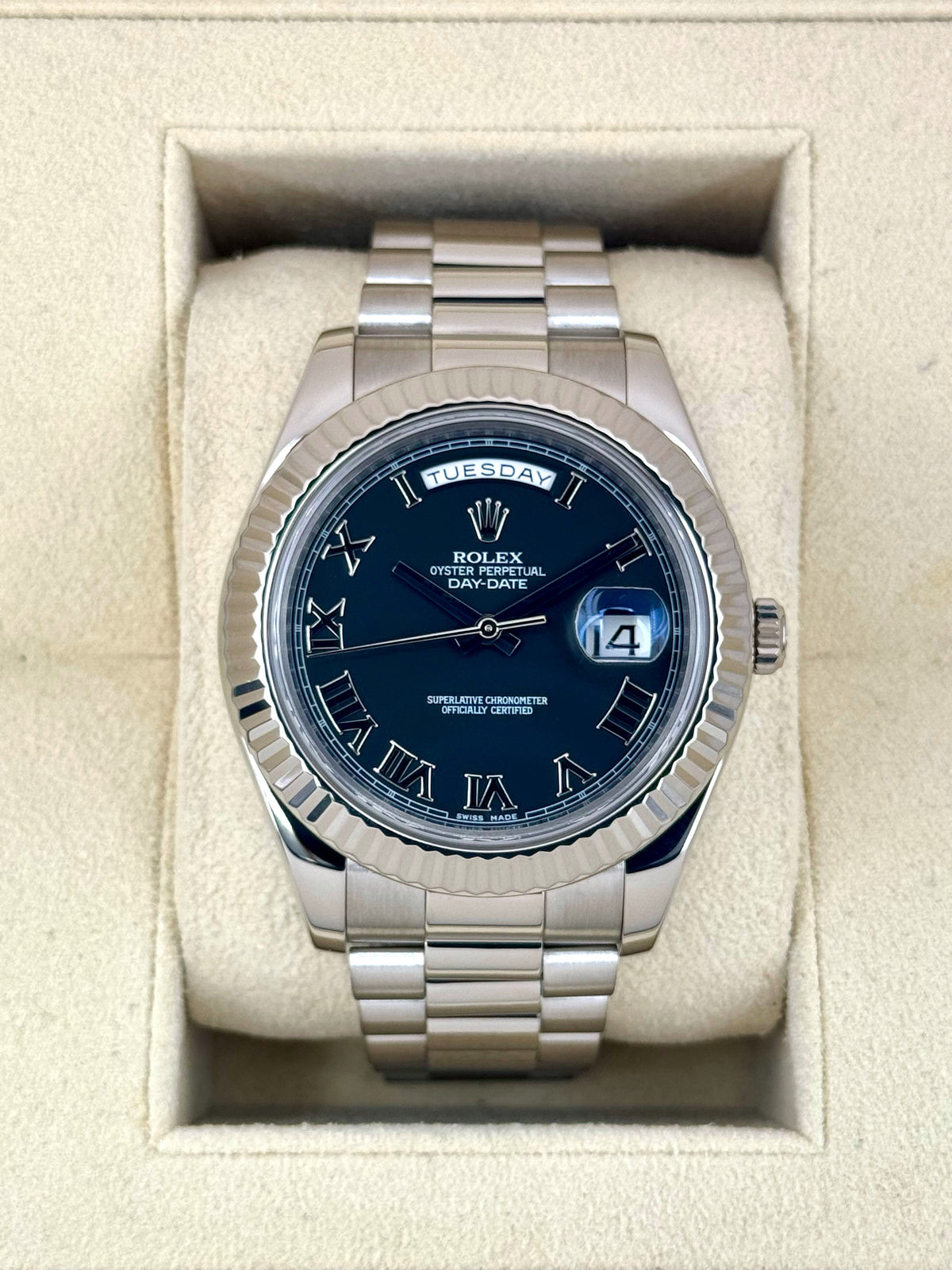 2015 Rolex Day-Date II 41mm 218239 White Gold Presidential Black Dial