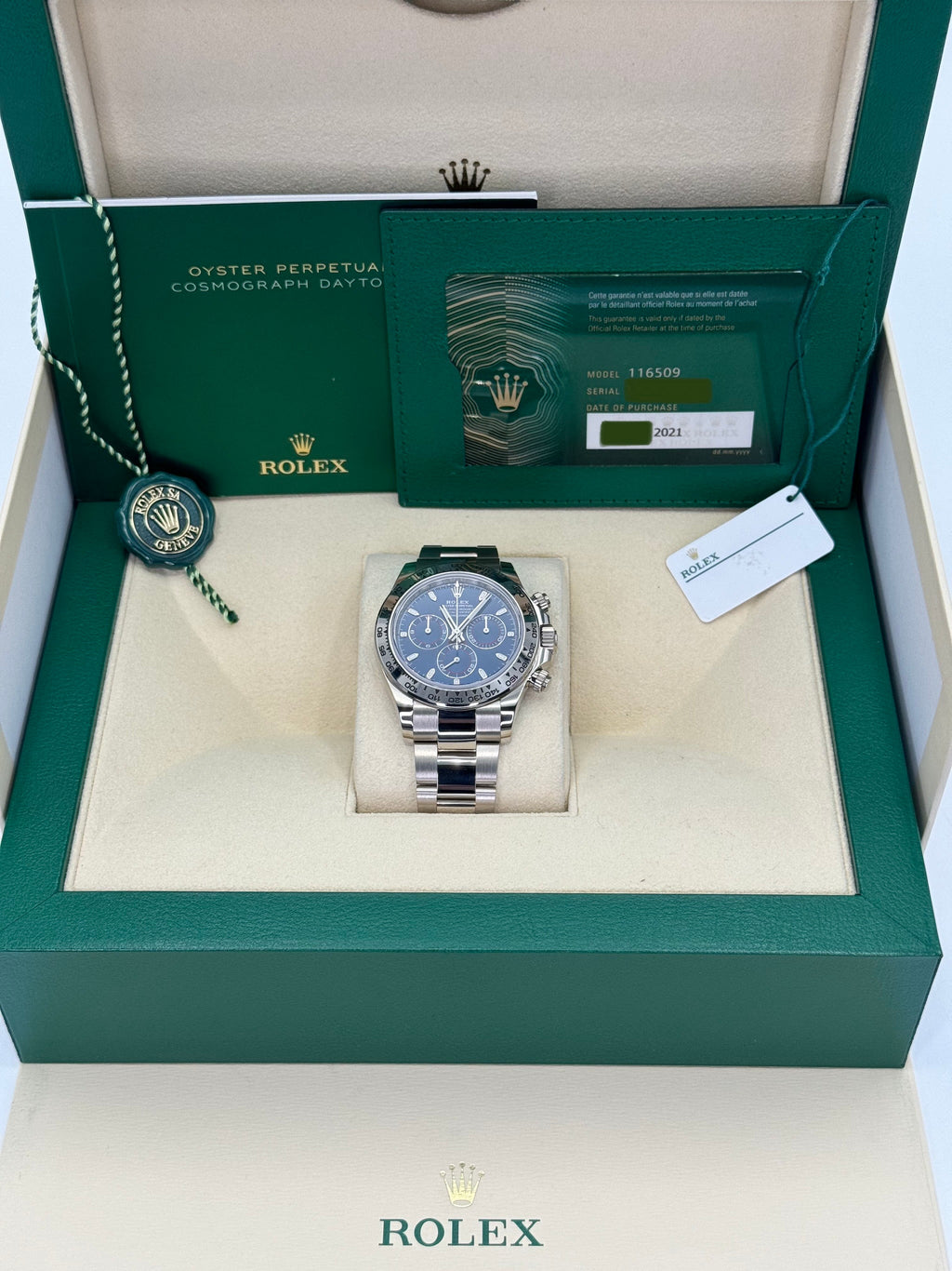 2021 Rolex Daytona 40mm 116509 White Gold Blue Dial