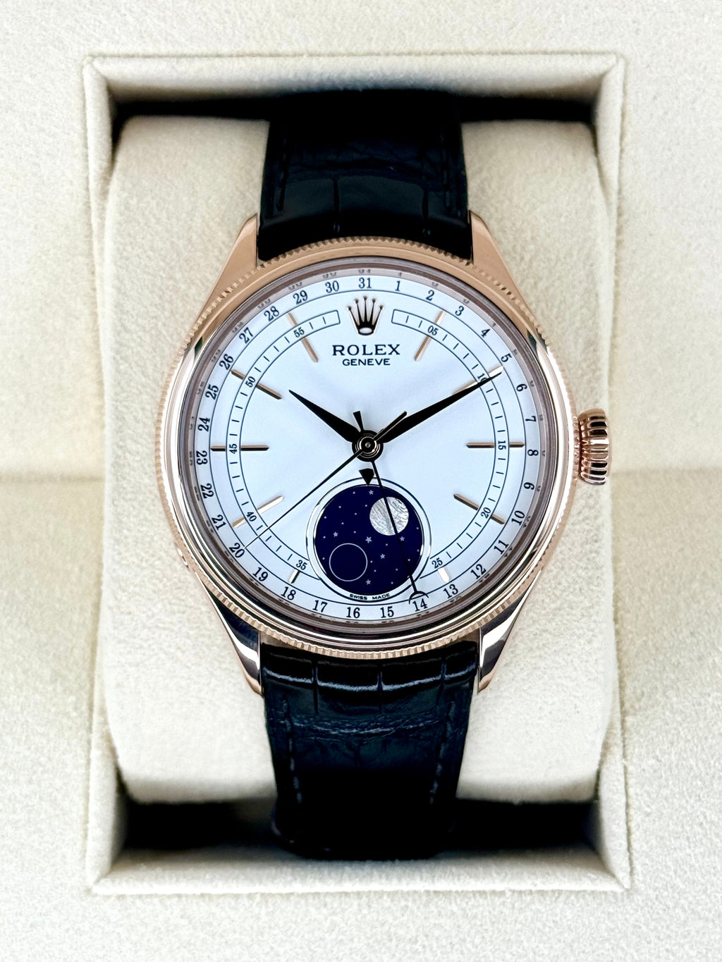2018 Rolex Cellini Moonphase 39mm 50535 Rose Gold White Dial