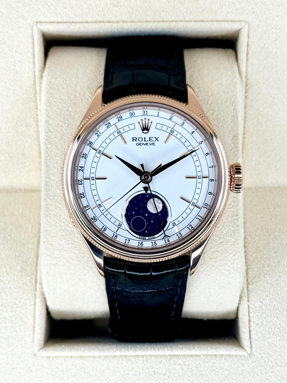 2018 Rolex Cellini Moonphase 39mm 50535 Rose Gold White Dial