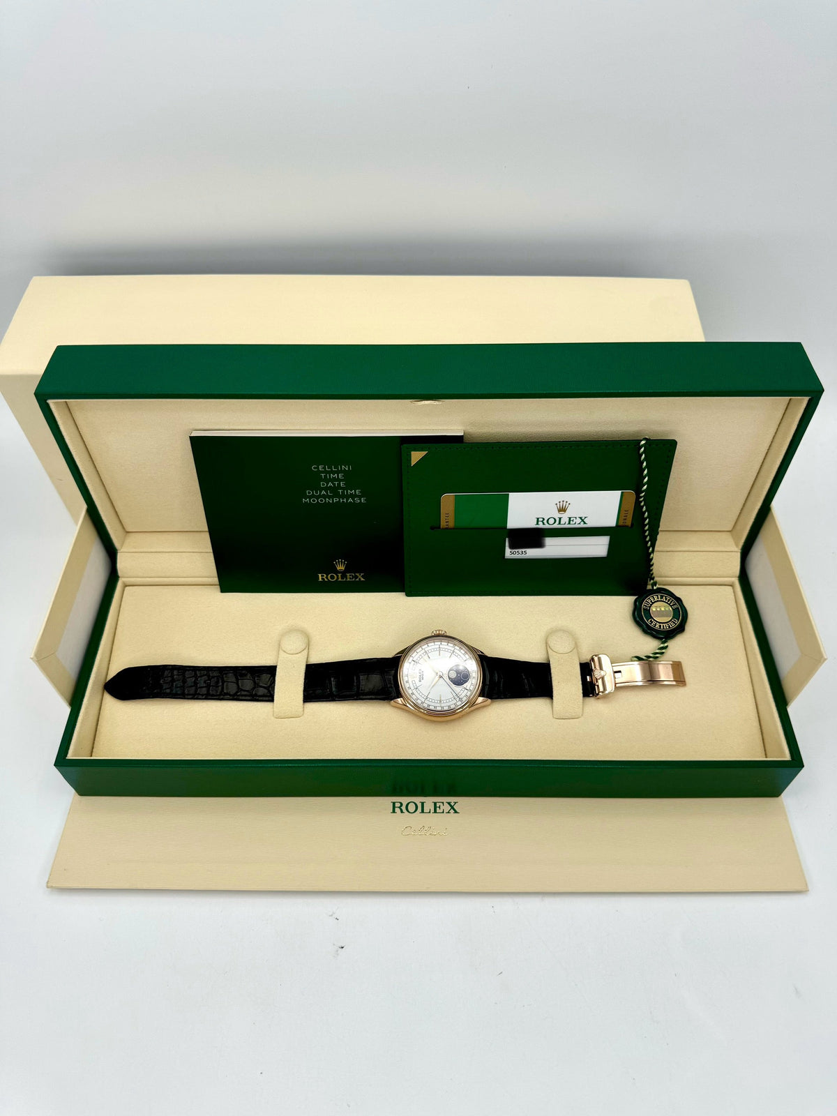 2018 Rolex Cellini Moonphase 39mm 50535 Rose Gold White Dial