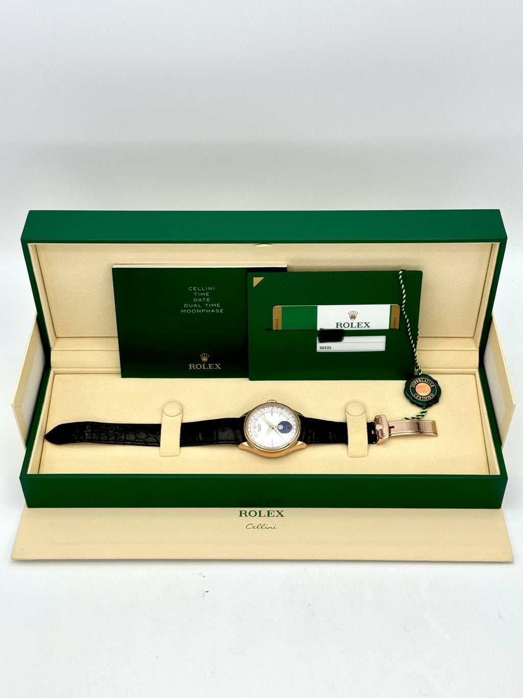 2018 Rolex Cellini Moonphase 39mm 50535 Rose Gold White Dial